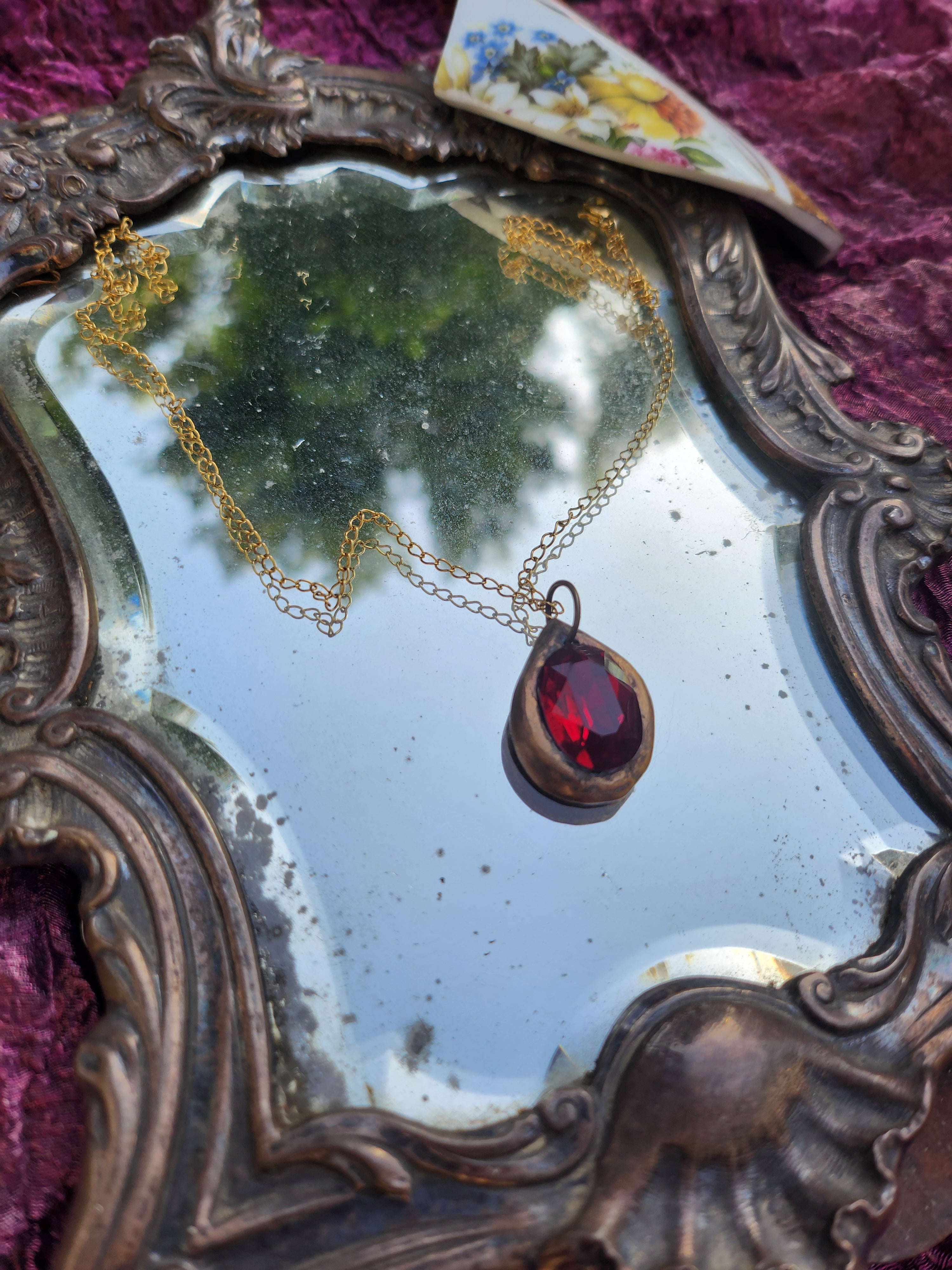 Handmade Bronze Pendant with Deep Red Crystal