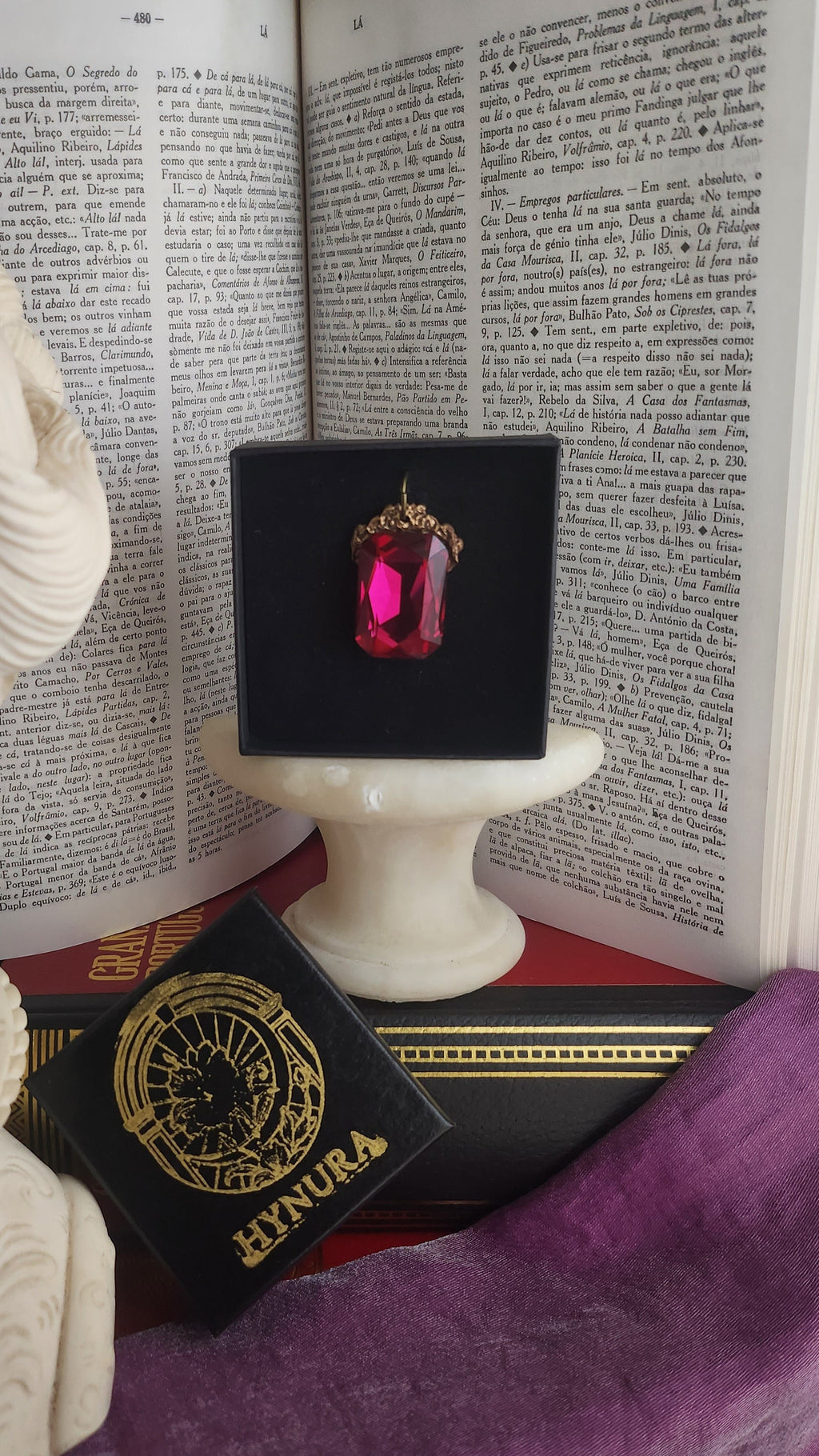 Mystic Baroque Collection – Handmade Bronze Pendant with Fuchsia Octagon Crystal