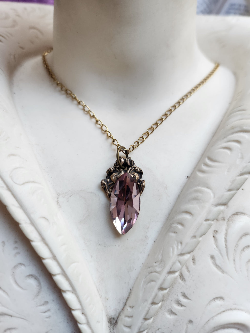 Arcane Resonance Collection – Handmade Bronze Pendant with Dusty Rose Navette Crystal