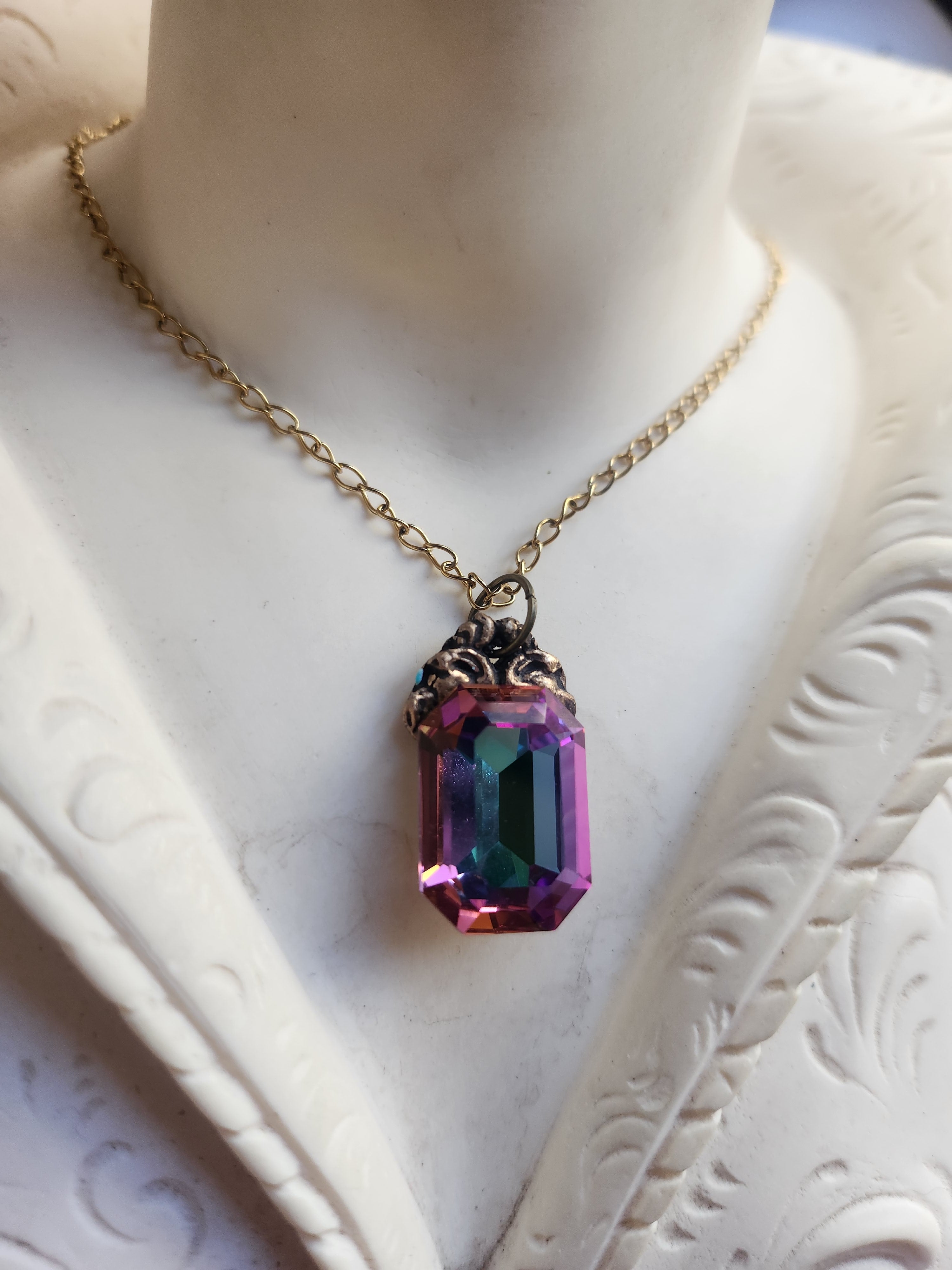 Arcane Resonance Collection – Handmade Bronze Pendant with Multicolor Octagon Crystal
