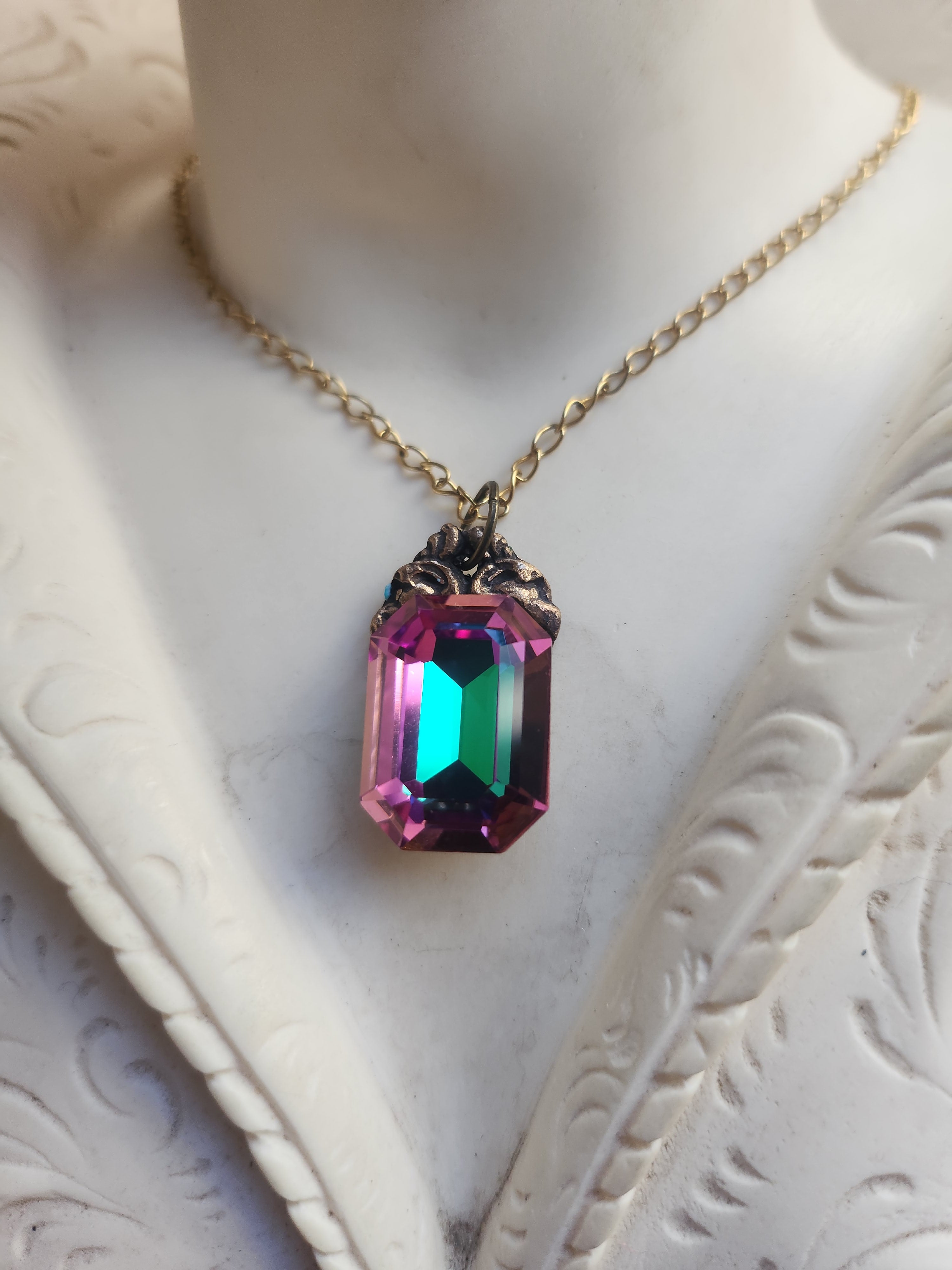 Arcane Resonance Collection – Handmade Bronze Pendant with Multicolor Octagon Crystal