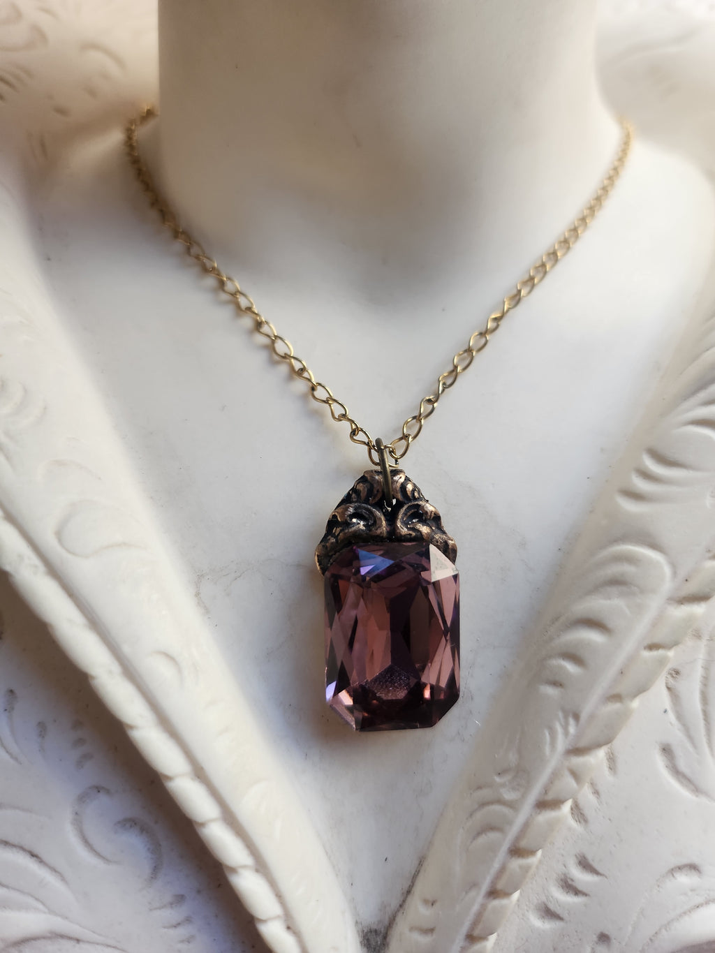 Arcane Resonance Collection – Handmade Bronze Pendant with Dusty Rose Octagon Crystal
