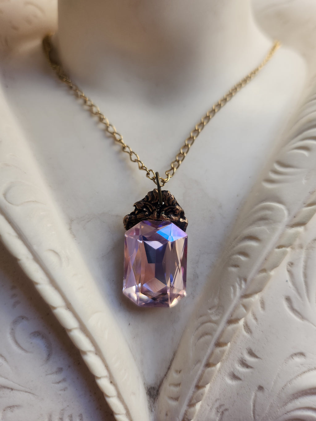 Arcane Resonance Collection – Handmade Bronze Pendant with Light Pink Octagon Crystal