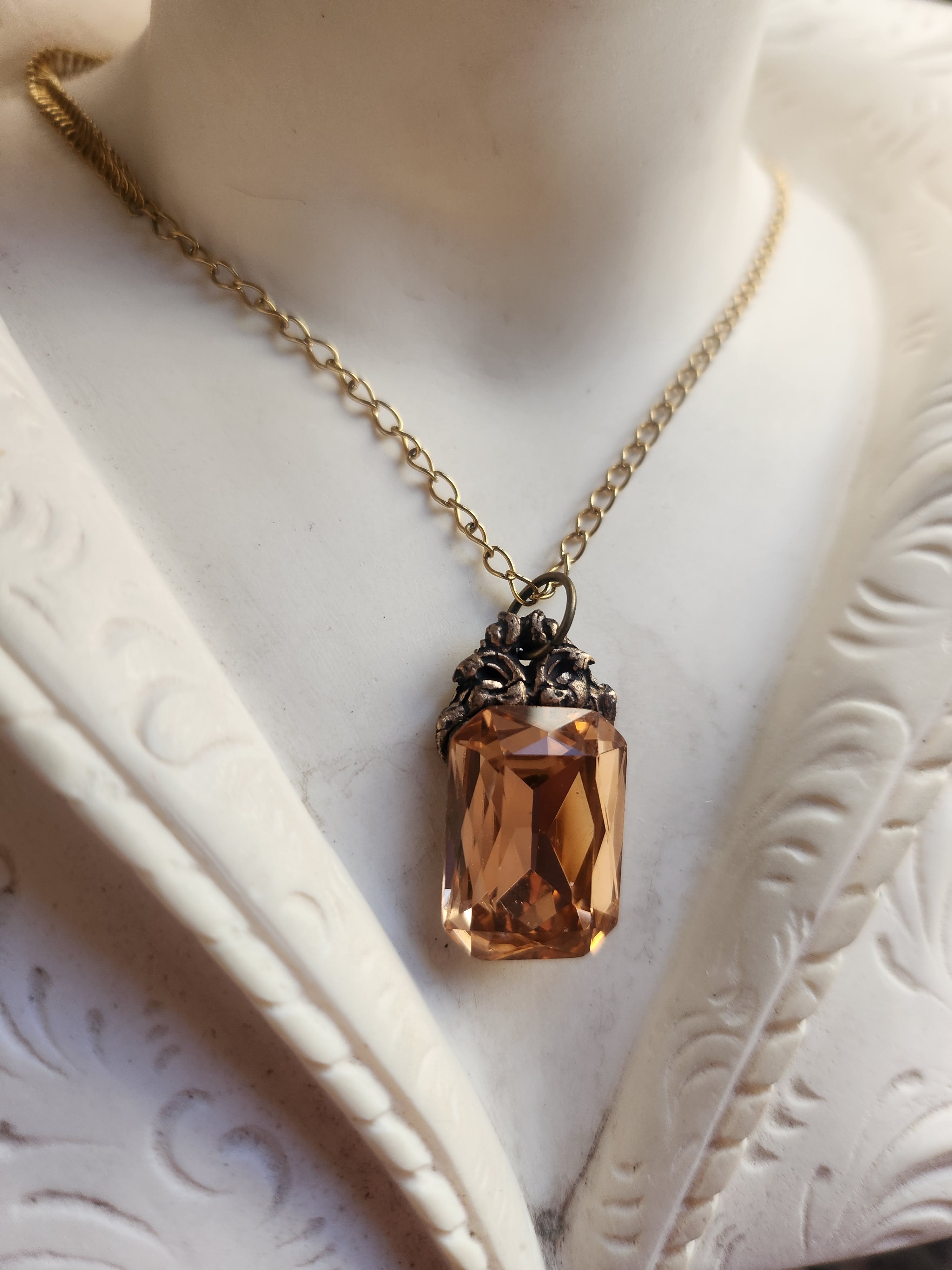 Arcane Resonance Collection – Handmade Bronze Pendant with Soft Amber Octagon Crystal