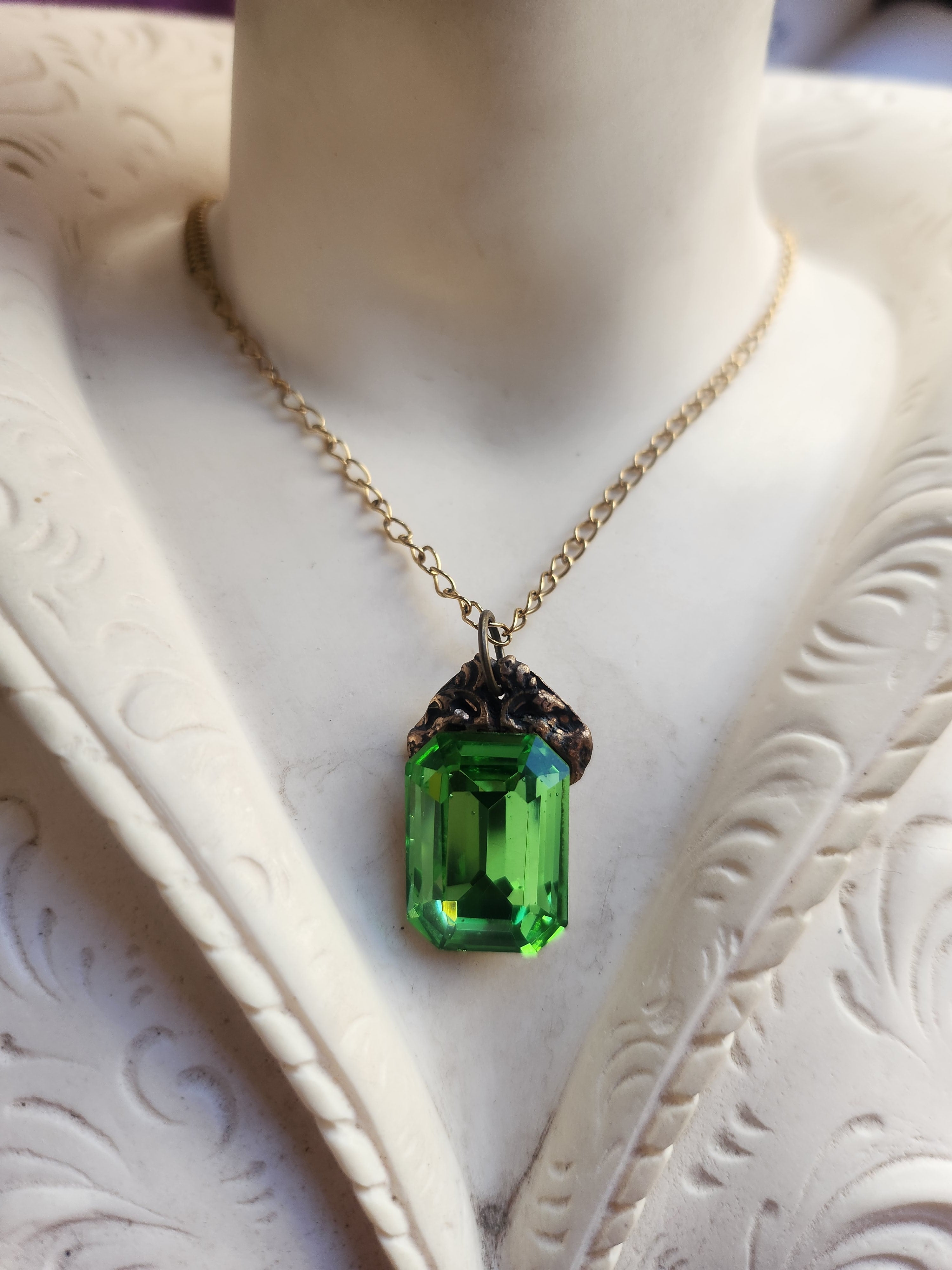Arcane Resonance Collection – Handmade Bronze Pendant with Green Octagon Crystal