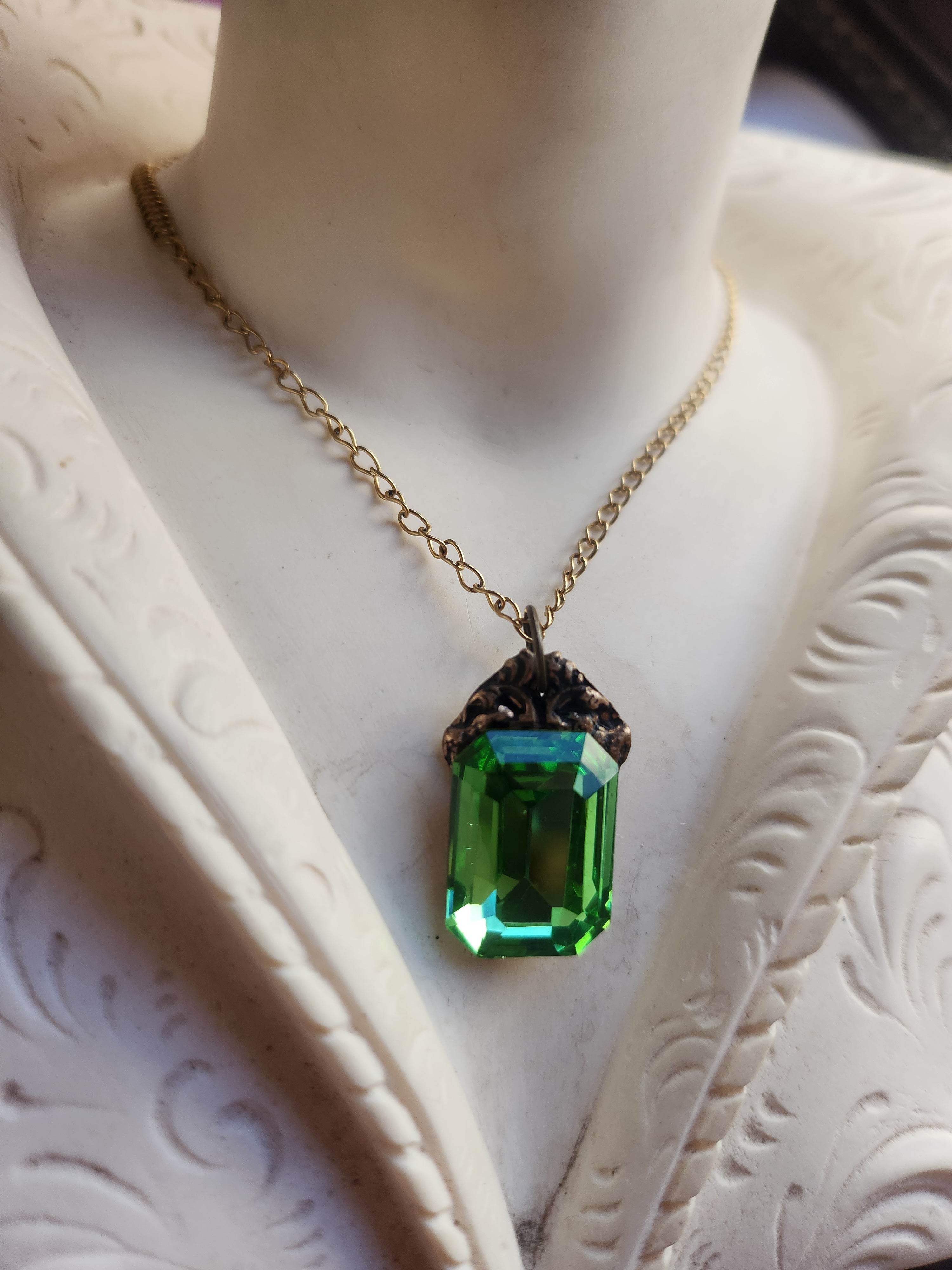 Arcane Resonance Collection – Handmade Bronze Pendant with Green Octagon Crystal