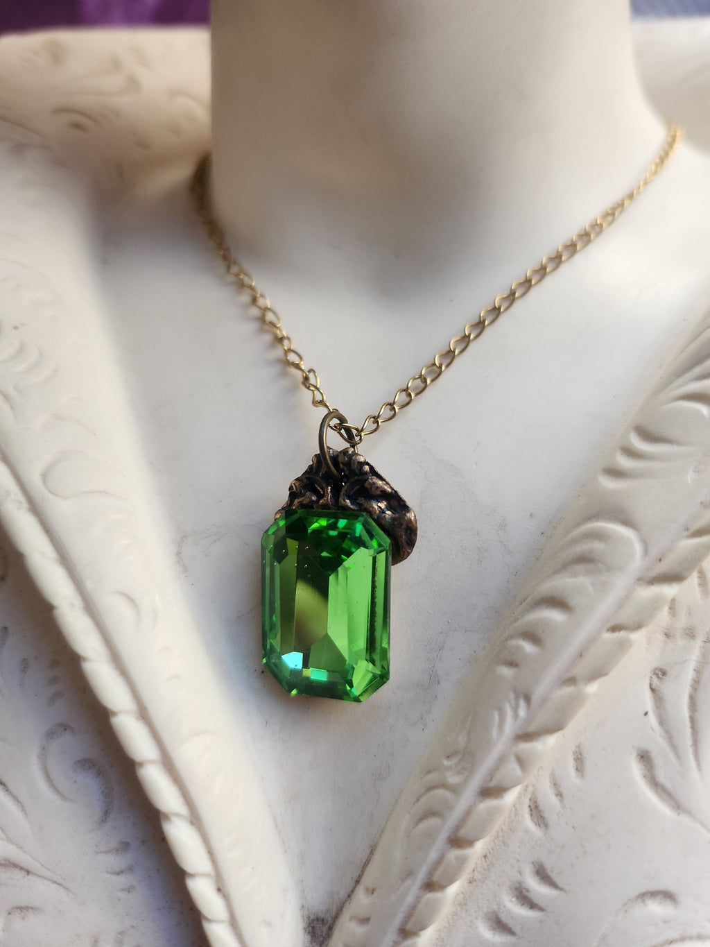Arcane Resonance Collection – Handmade Bronze Pendant with Green Octagon Crystal
