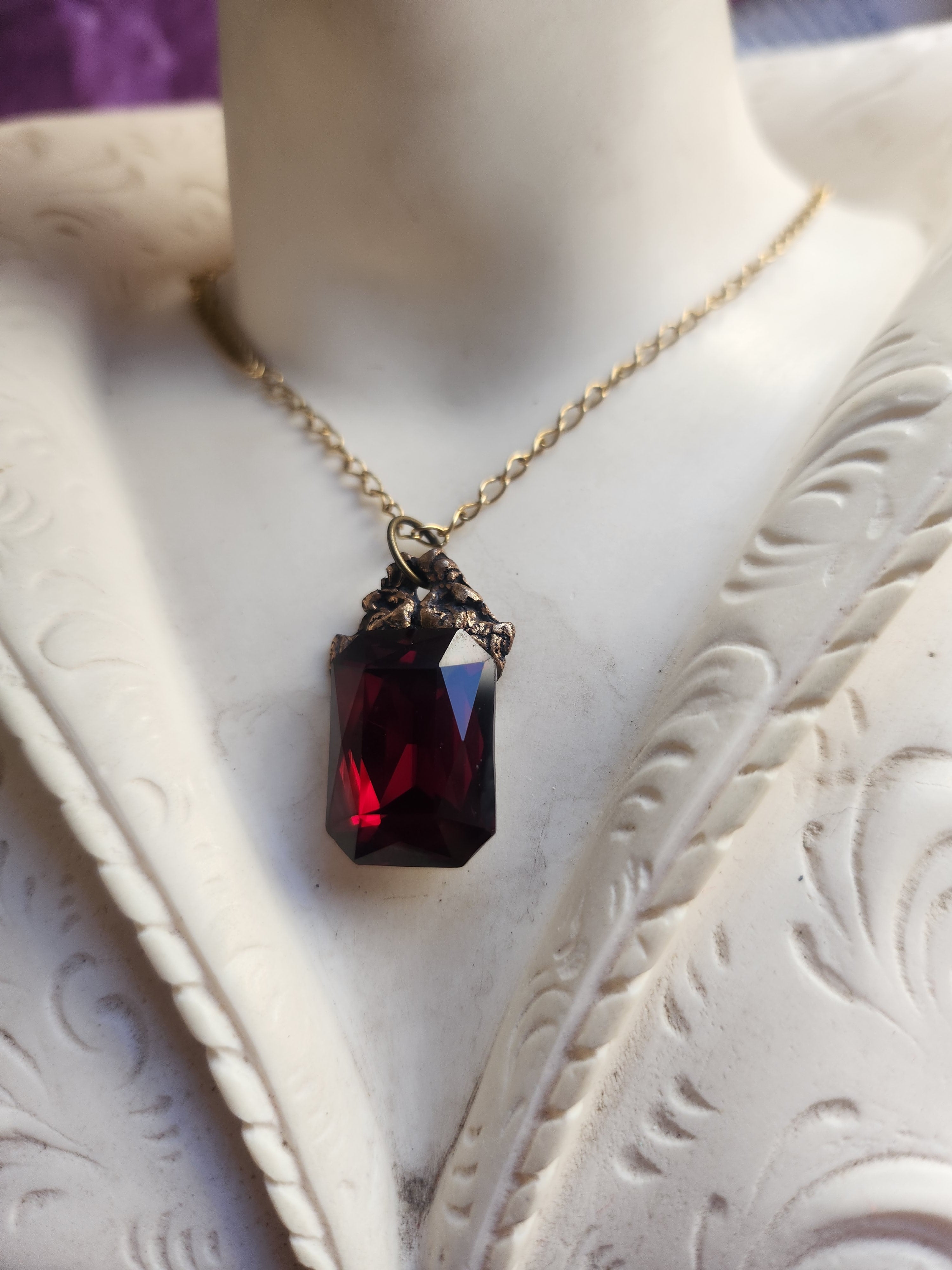 Arcane Resonance Collection – Handmade Bronze Pendant with Deep Red Octagon Crystal