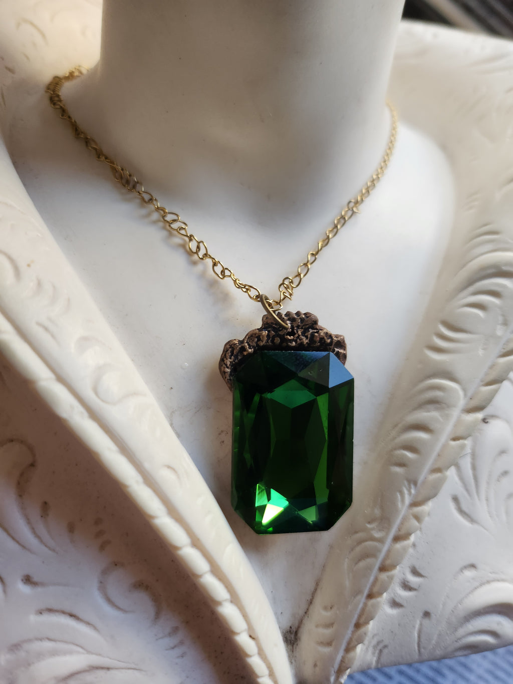 Mystic Baroque Collection – Handmade Bronze Pendant with Green Octagon Crystal