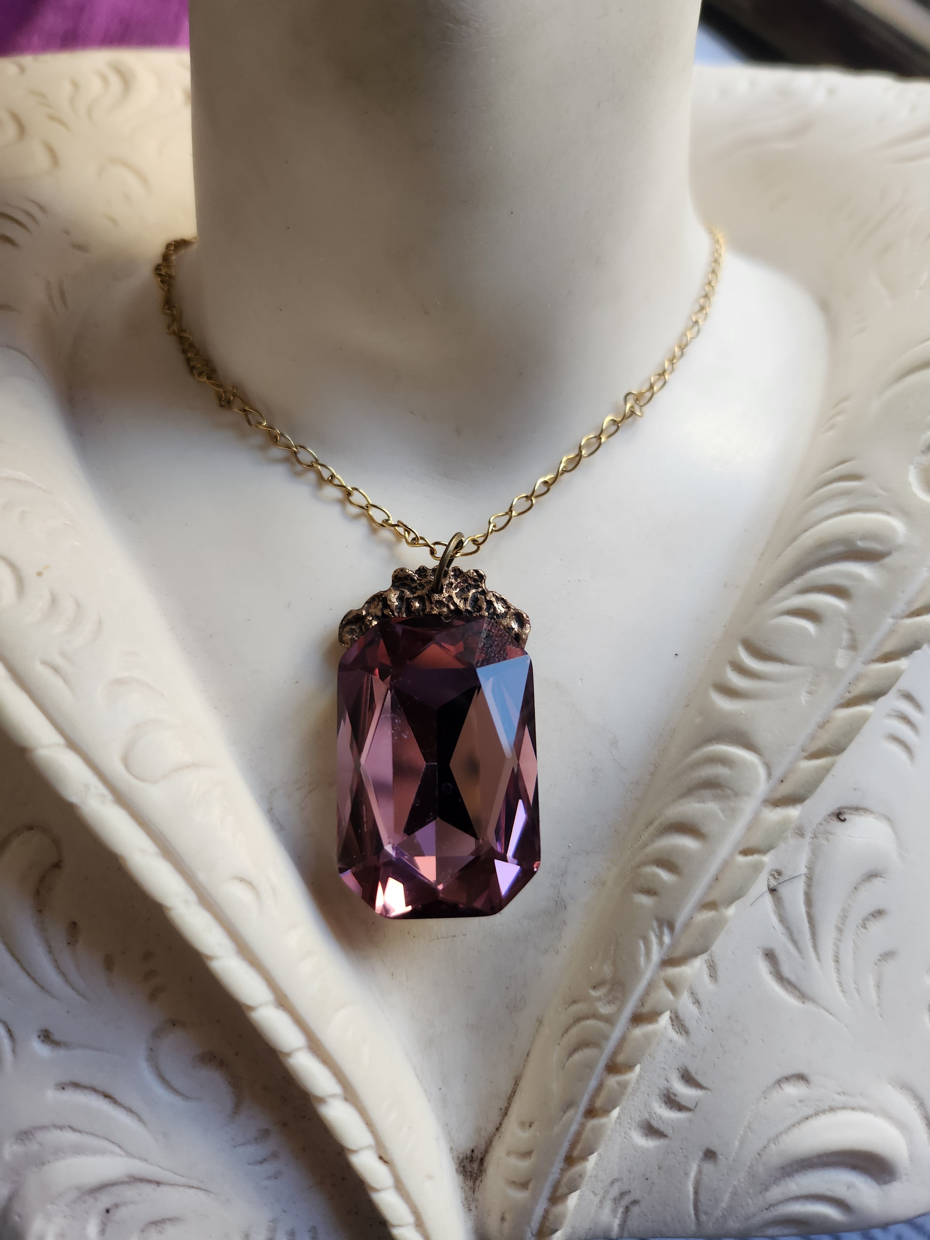 Mystic Baroque Collection – Handmade Bronze Pendant with Dusty Rose Octagon Crystal