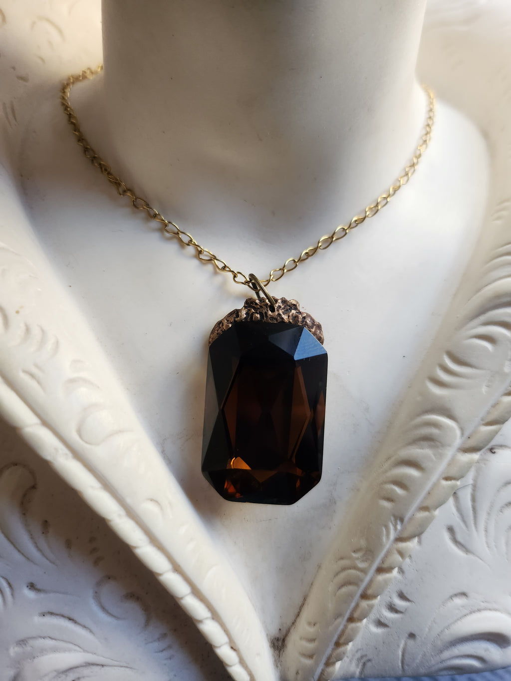 Mystic Baroque Collection – Handmade Bronze Pendant with Brown Octagon Crystal
