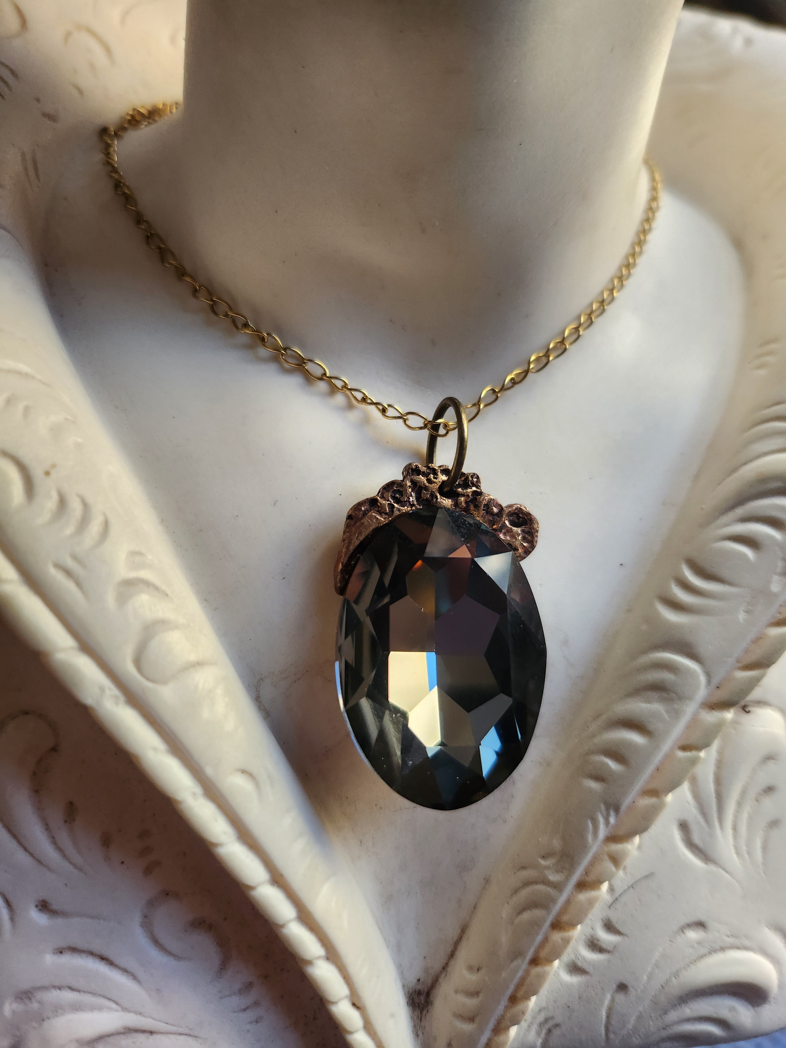 Mystic Baroque Collection – Handmade Bronze Pendant with Gray Oval Crystal