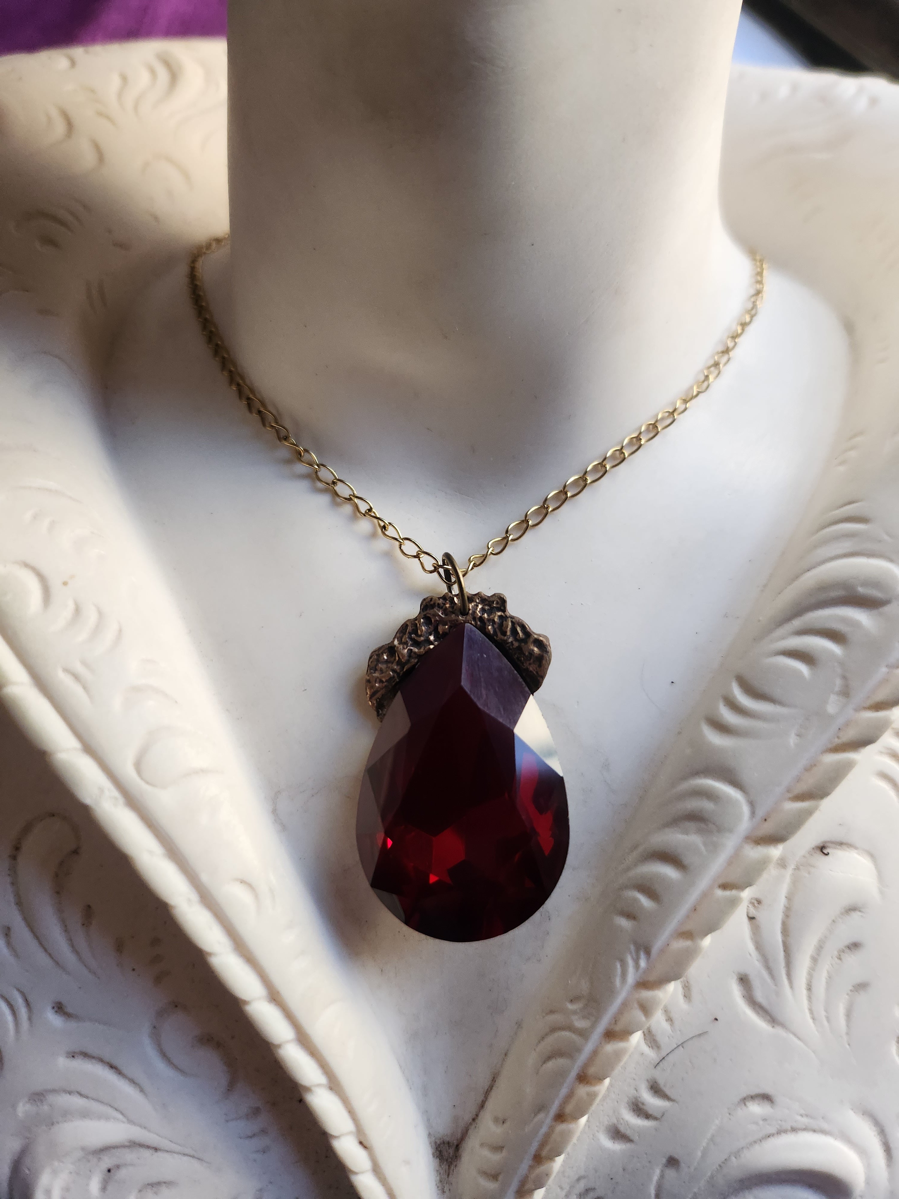 Mystic Baroque Collection – Handmade Bronze Pendant with Deep Red Teardrop Crystal
