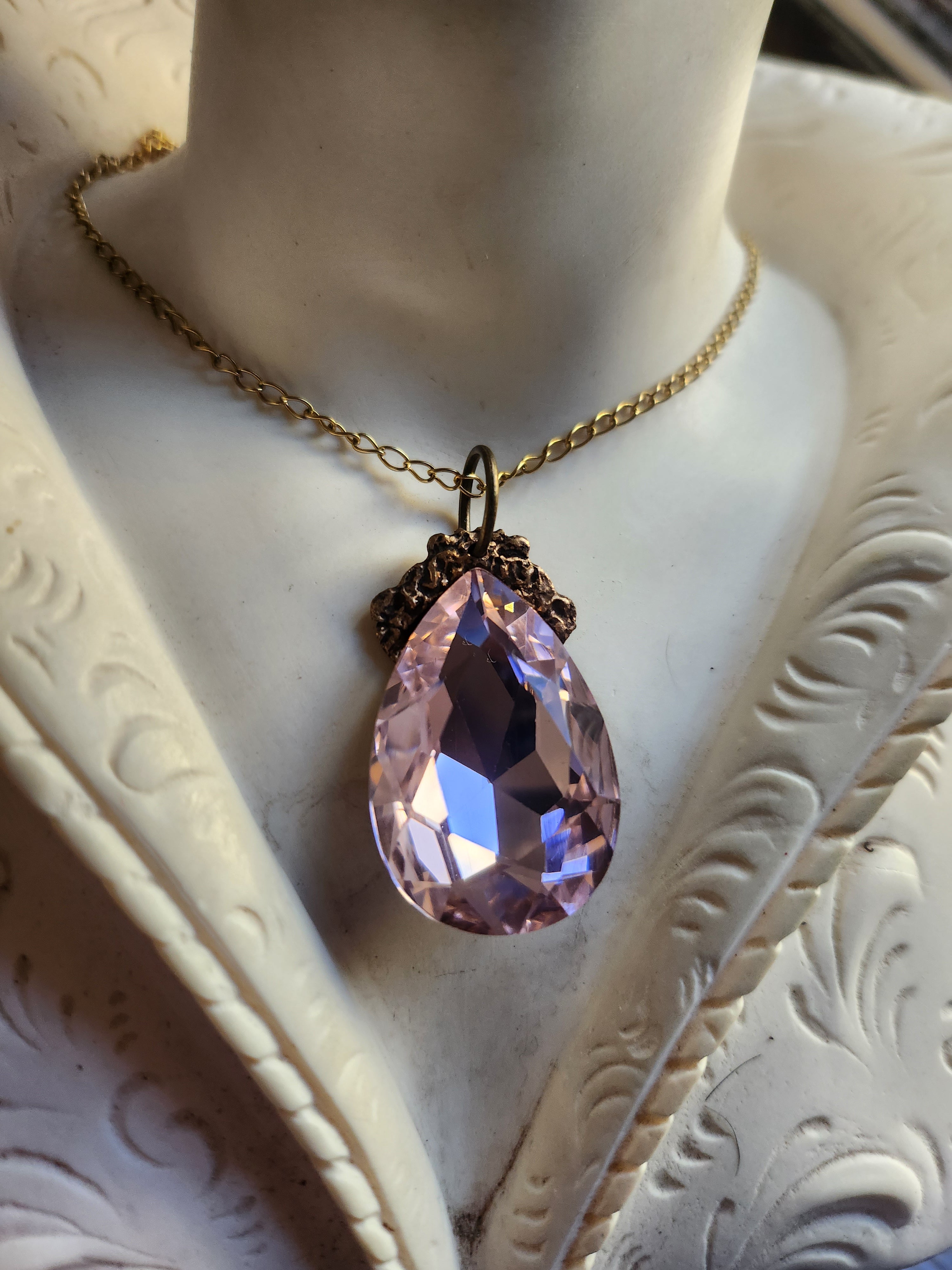 Mystic Baroque Collection – Handmade Bronze Pendant with Light Pink Teardrop Crystal