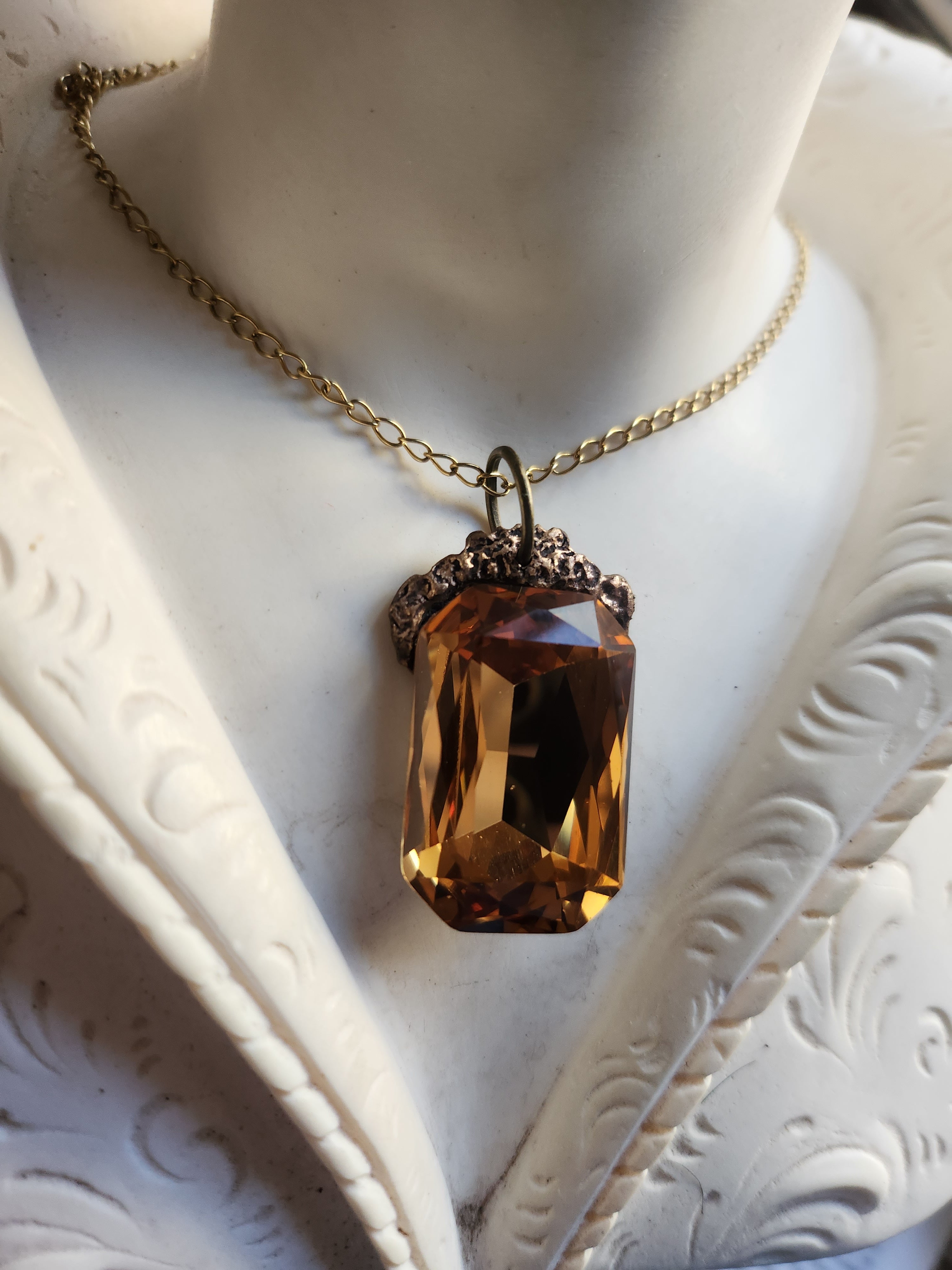 Mystic Baroque Collection – Handmade Bronze Pendant with Golden Octagon Crystal