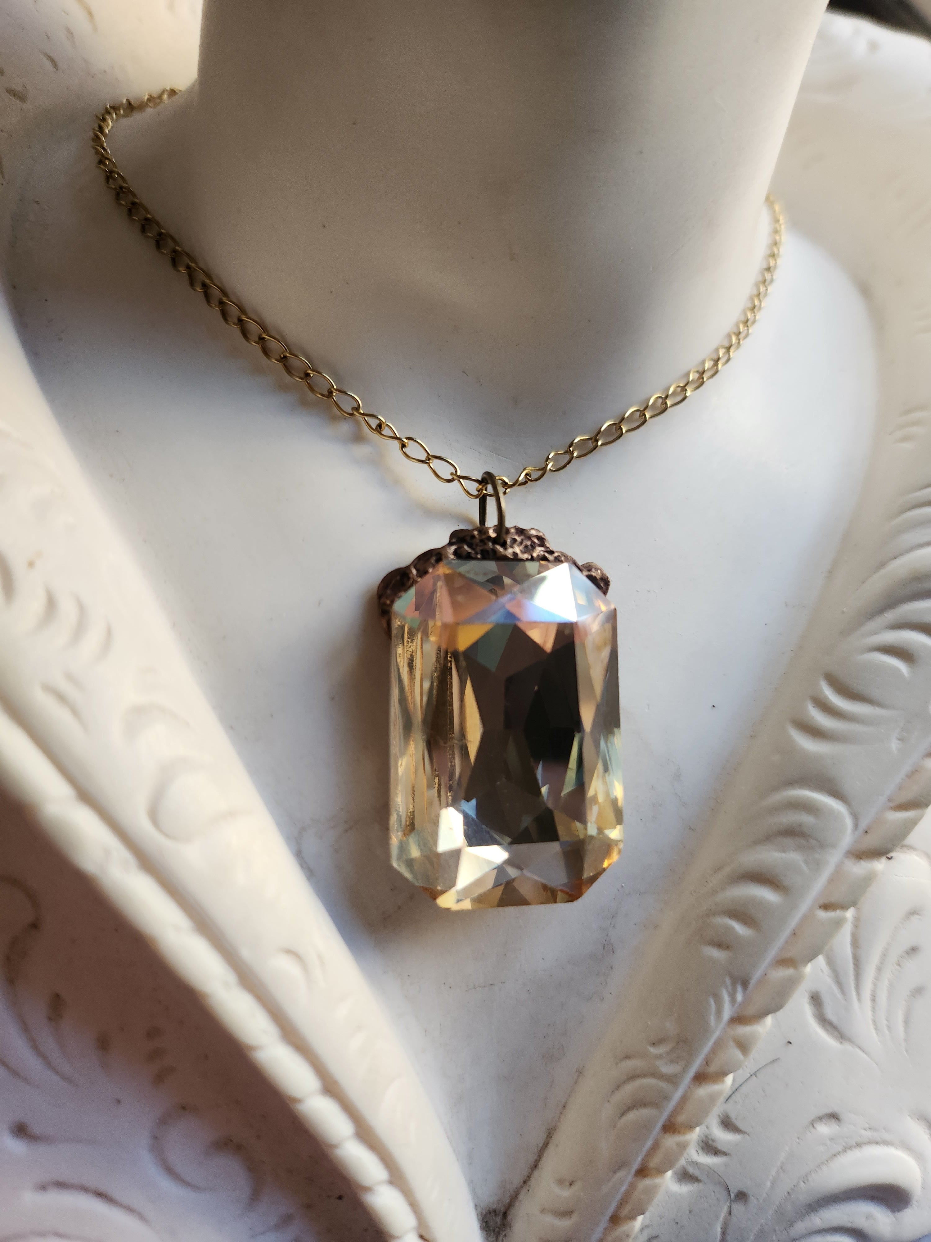 Mystic Baroque Collection – Handmade Bronze Pendant with Light Amber Octagon Crystal