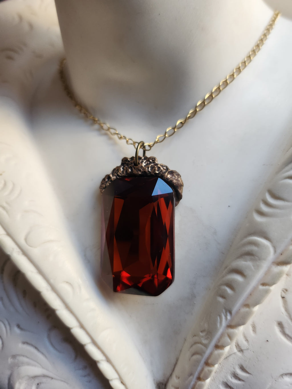 Mystic Baroque Collection – Handmade Bronze Pendant with Intense Amber Octagon Crystal