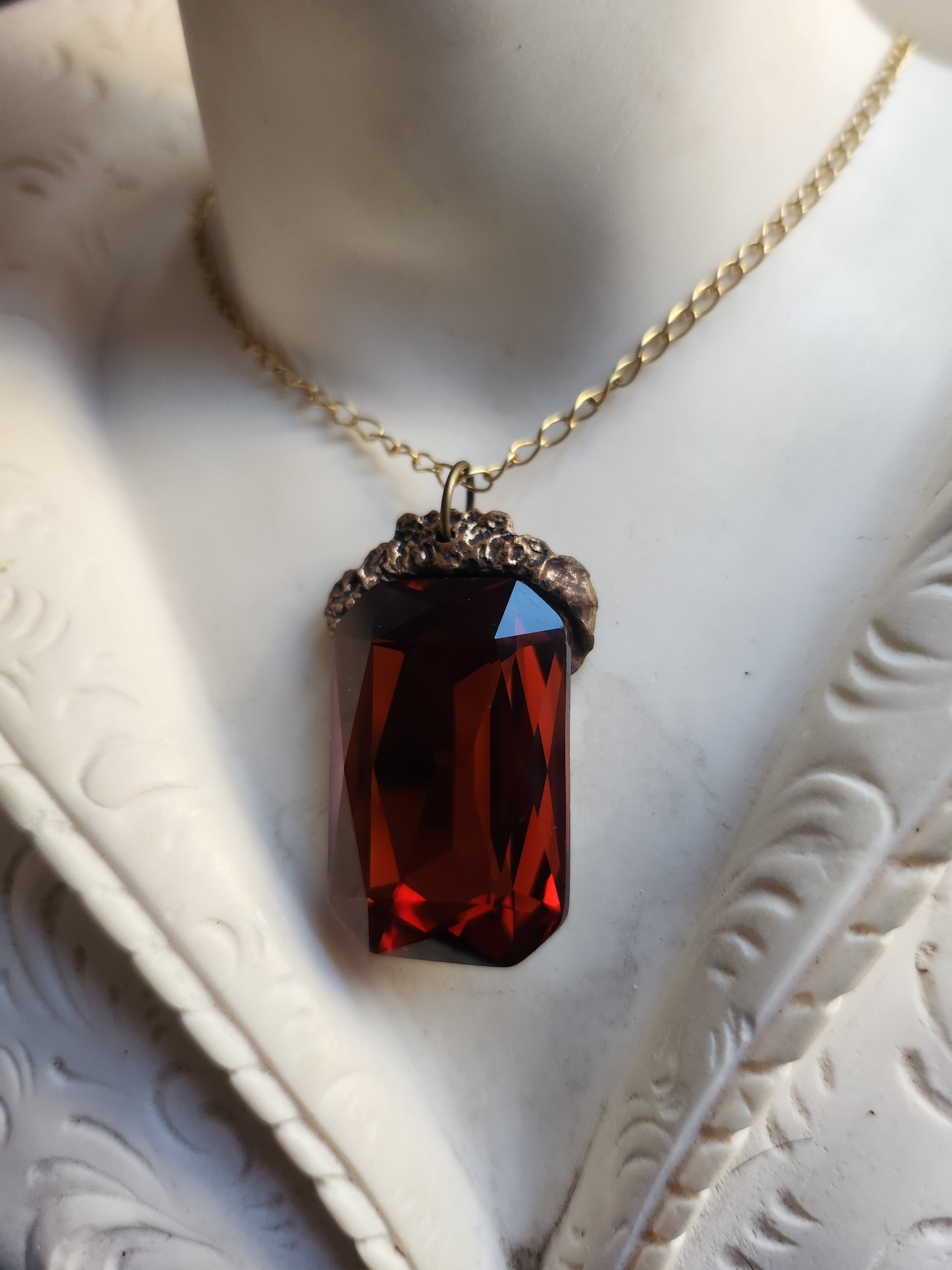 Mystic Baroque Collection – Handmade Bronze Pendant with Intense Amber Octagon Crystal