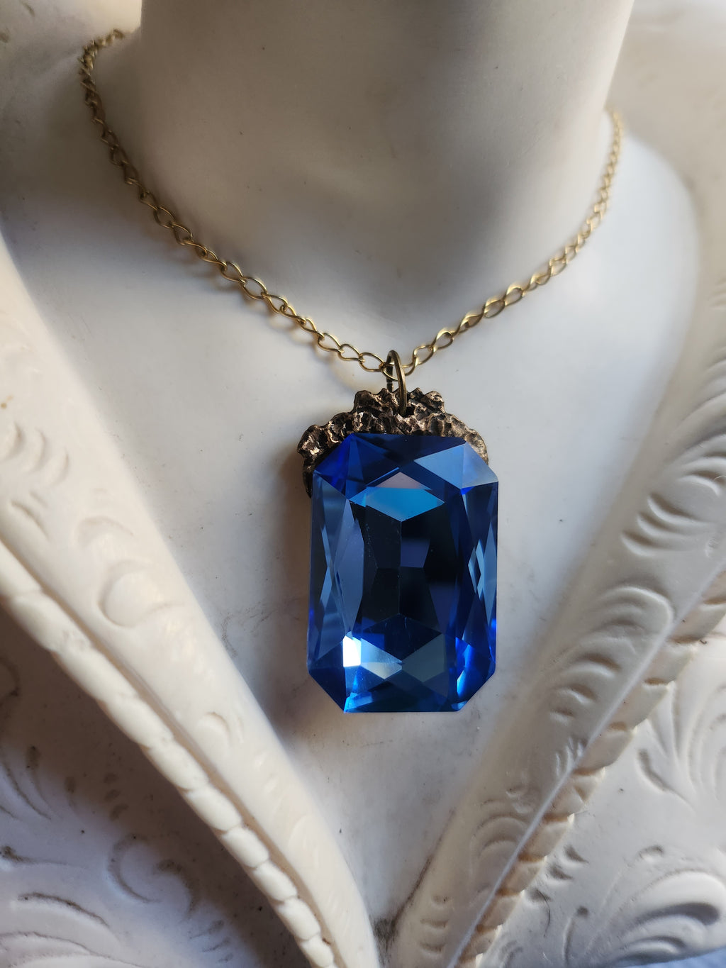 Mystic Baroque Collection – Handmade Bronze Pendant with Blue Octagon Crystal