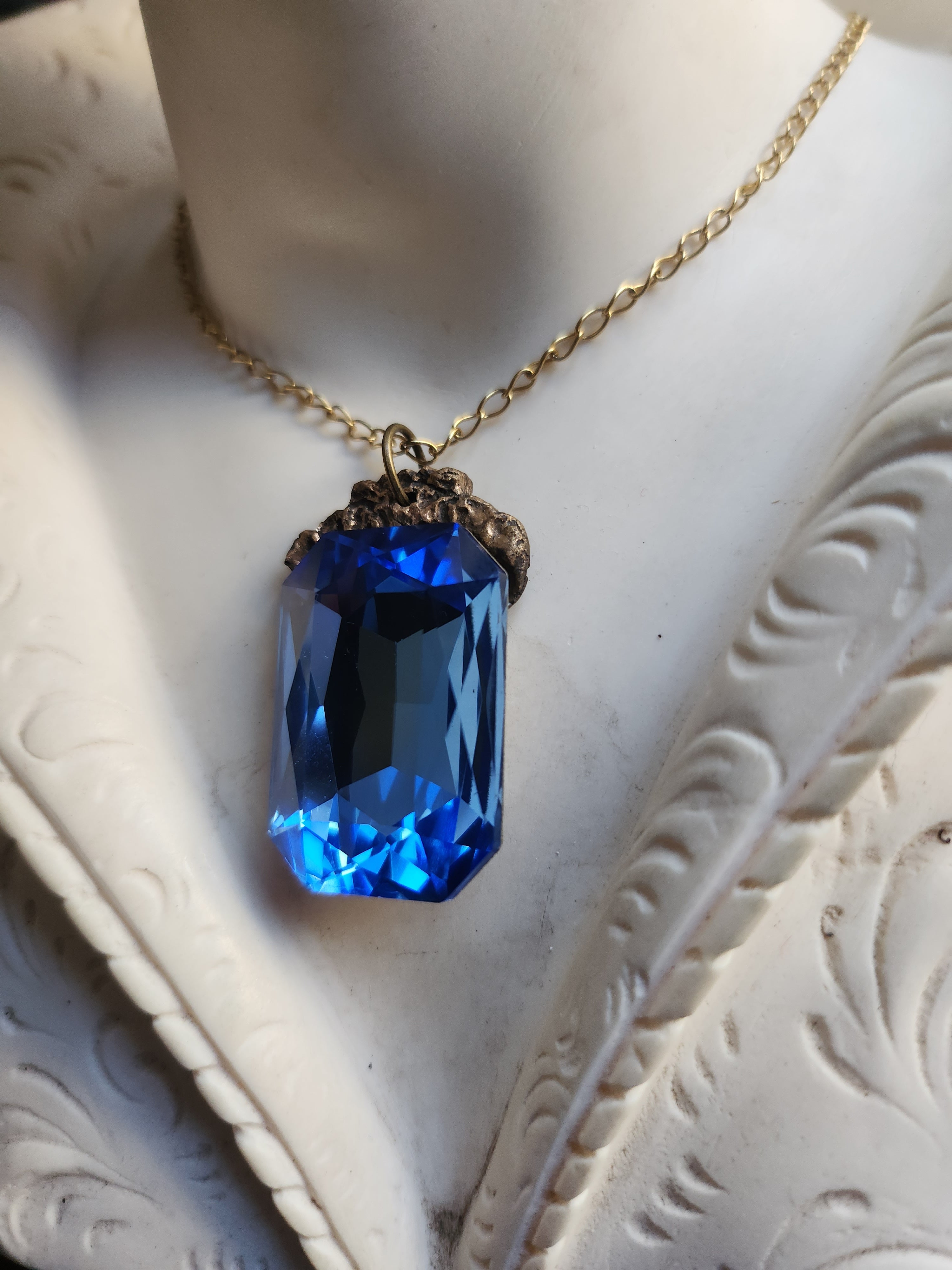 Mystic Baroque Collection – Handmade Bronze Pendant with Blue Octagon Crystal
