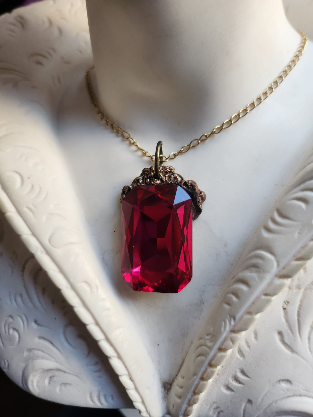 Mystic Baroque Collection – Handmade Bronze Pendant with Fuchsia Octagon Crystal