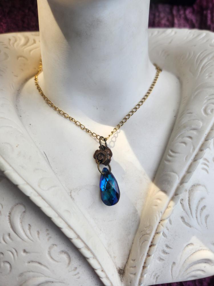 Rosarium Collection Collection - Handmade Bronze Small Rose Pendant with Blue Crystal