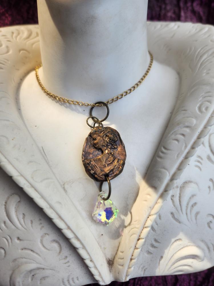 Handmade Roman Bronze Medallion with Iridescent Crystal