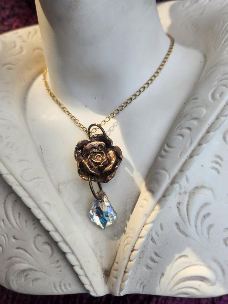 Rosarium Collection Collection - Handmade Bronze Rose Pendant with Opal Crystal