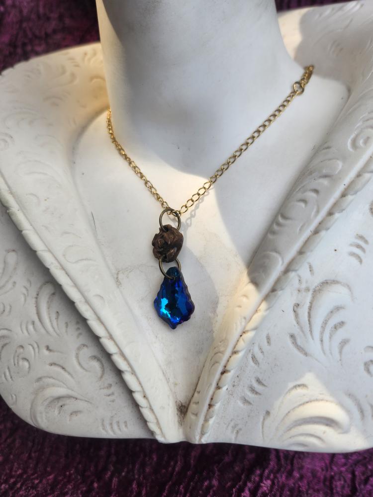 Rosarium Collection Collection - Handmade Bronze Small Rose Pendant with Blue Crystal