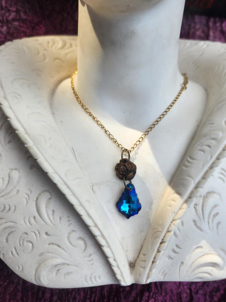 Rosarium Collection Collection - Handmade Bronze Small Rose Pendant with Blue Crystal