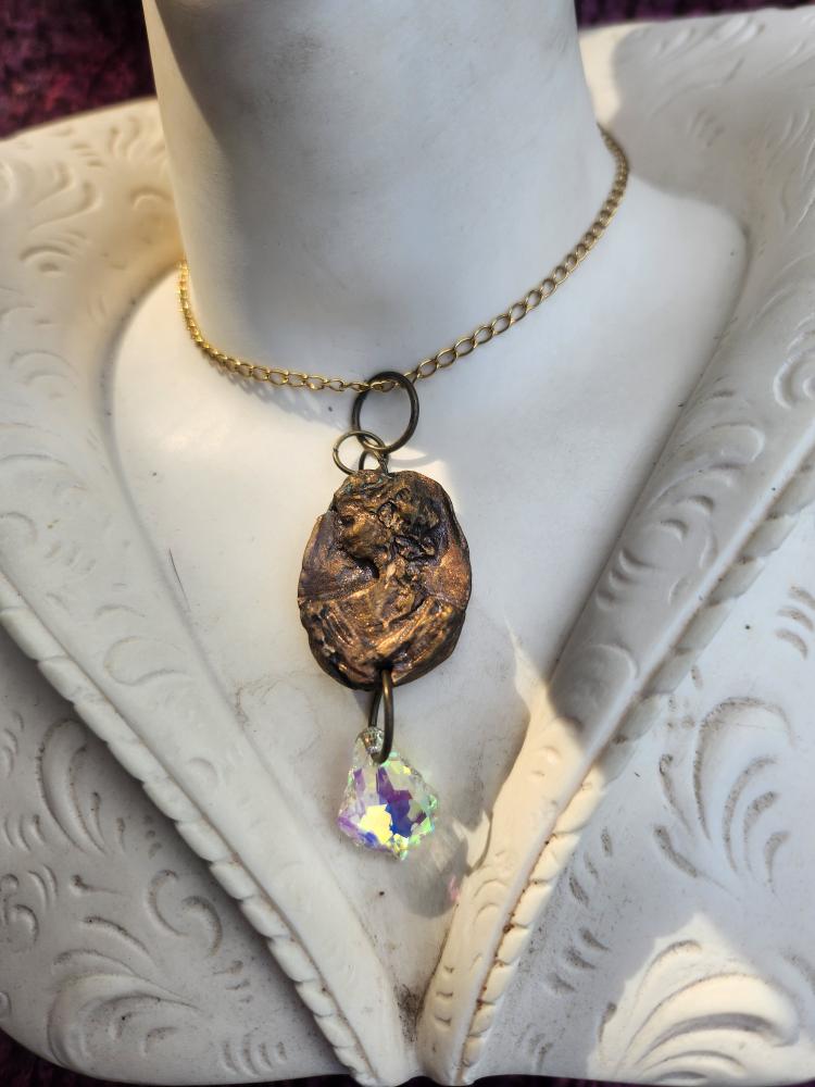 Handmade Roman Bronze Medallion with Iridescent Crystal