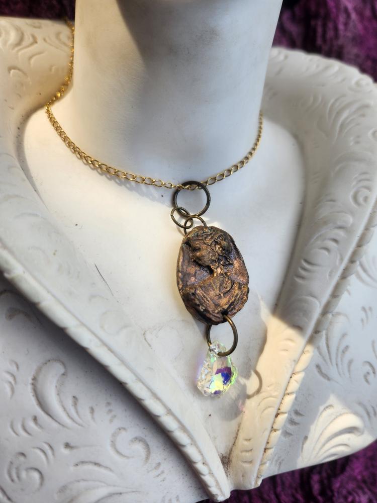 Handmade Roman Bronze Medallion with Iridescent Crystal