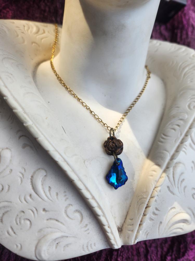 Rosarium Collection Collection - Handmade Bronze Small Rose Pendant with Blue Crystal