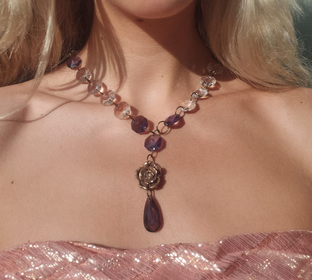 Midnight Garden Necklace – Witchy Bronze Pendant with Purple Crystals – Fairycore Jewelry – Romantic Boho Gift – Rose Amulet