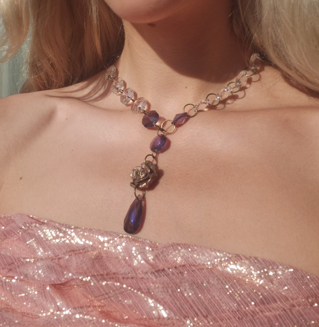 Midnight Garden Necklace – Witchy Bronze Pendant with Purple Crystals – Fairycore Jewelry – Romantic Boho Gift – Rose Amulet
