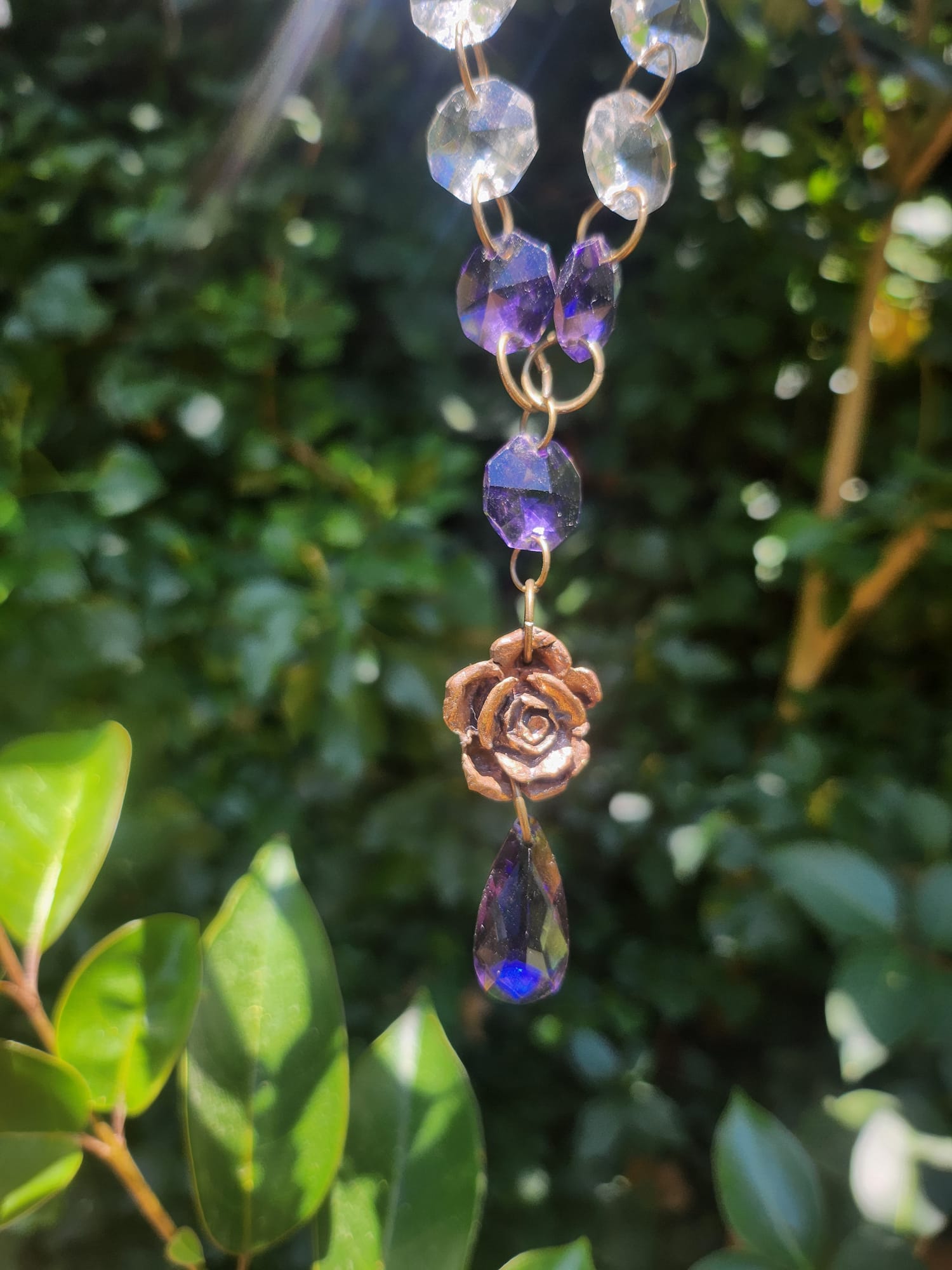 Midnight Garden Necklace – Witchy Bronze Pendant with Purple Crystals – Fairycore Jewelry – Romantic Boho Gift – Rose Amulet