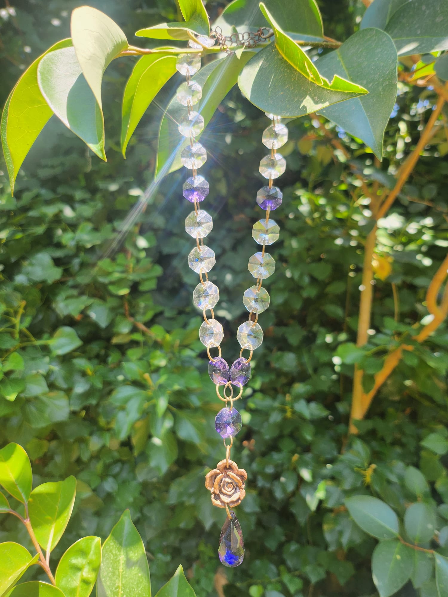 Midnight Garden Necklace – Witchy Bronze Pendant with Purple Crystals – Fairycore Jewelry – Romantic Boho Gift – Rose Amulet