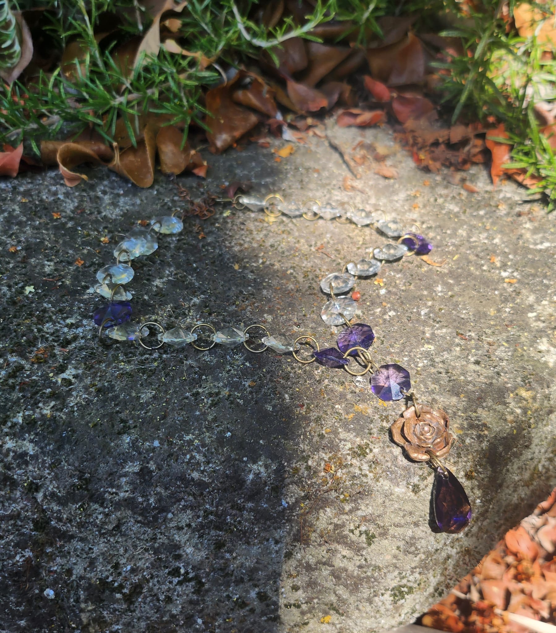 Midnight Garden Necklace – Witchy Bronze Pendant with Purple Crystals – Fairycore Jewelry – Romantic Boho Gift – Rose Amulet