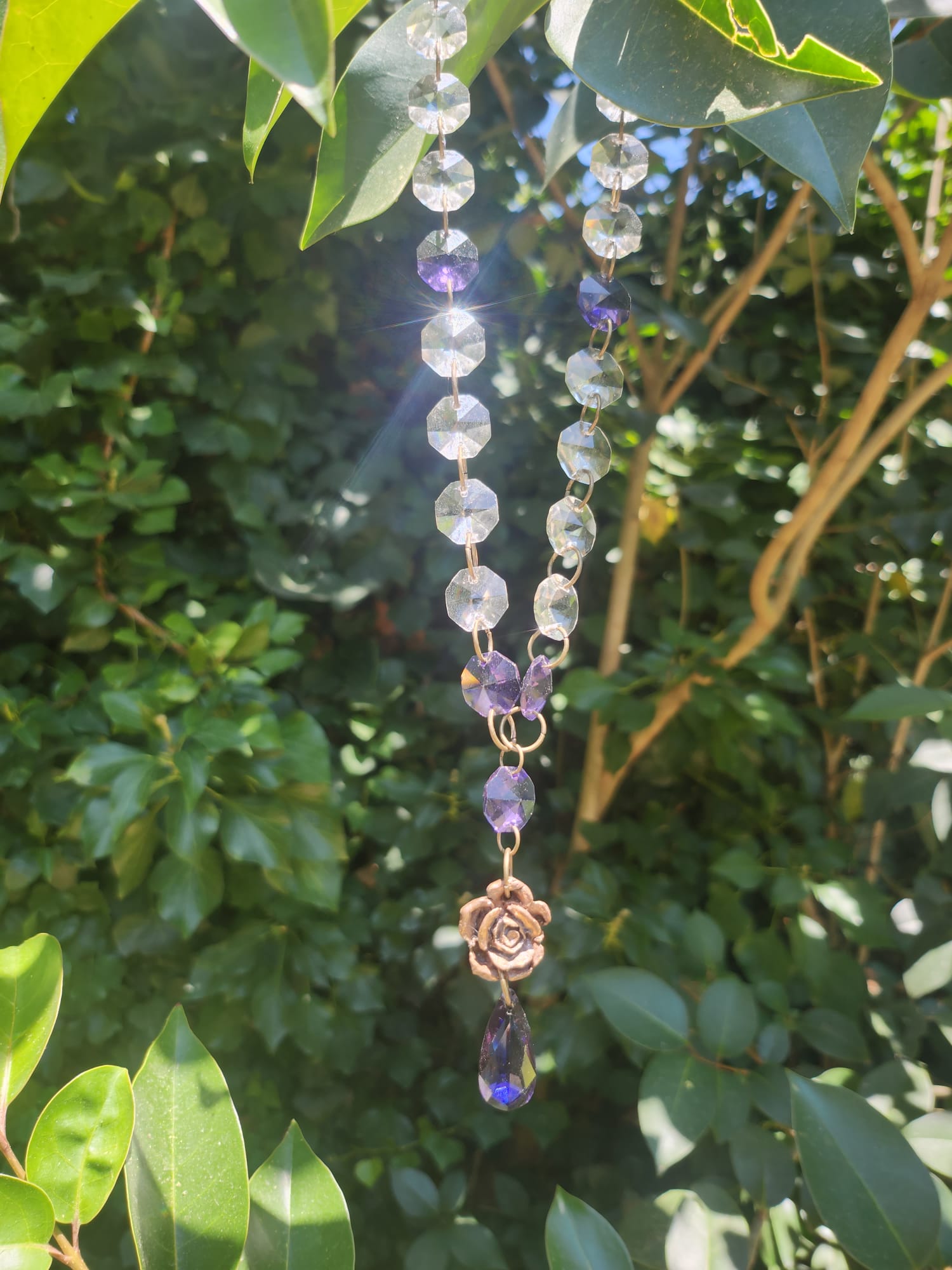 Midnight Garden Necklace – Witchy Bronze Pendant with Purple Crystals – Fairycore Jewelry – Romantic Boho Gift – Rose Amulet