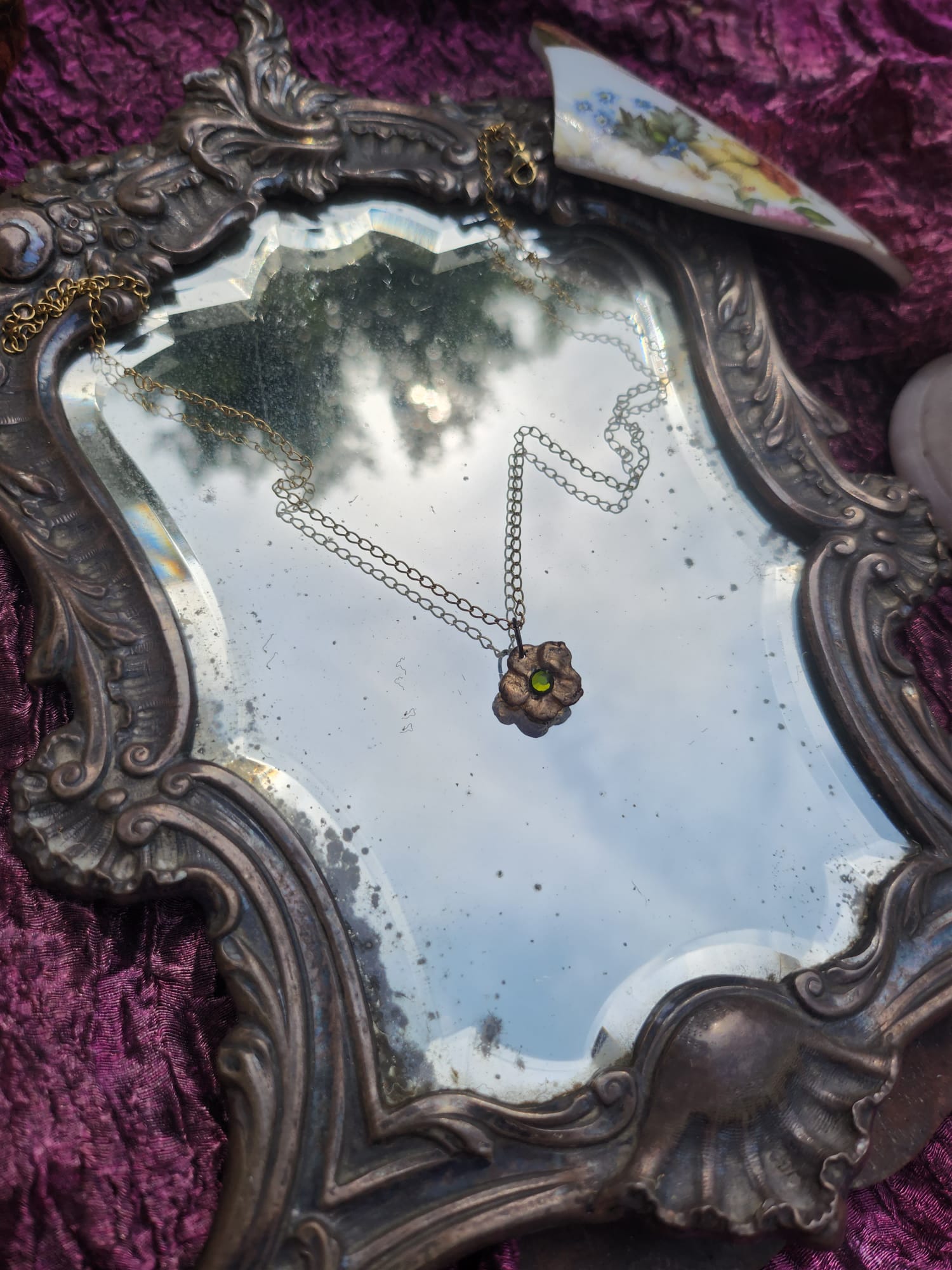 Eternal Bloom Collection – Handmade Bronze Flower Pendant with Green Crystal