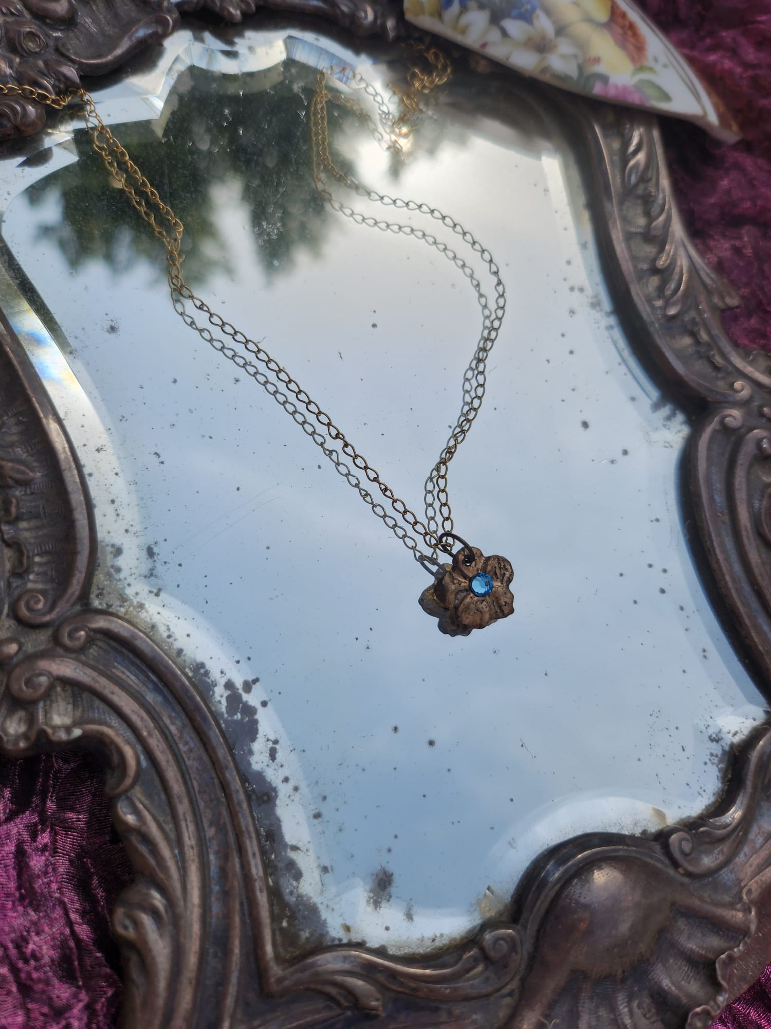 Flower Pendant Necklace – Bronze Cherry Blossom with Light Blue Crystal – Romantic Nature Jewelry – Handmade Gift for Her