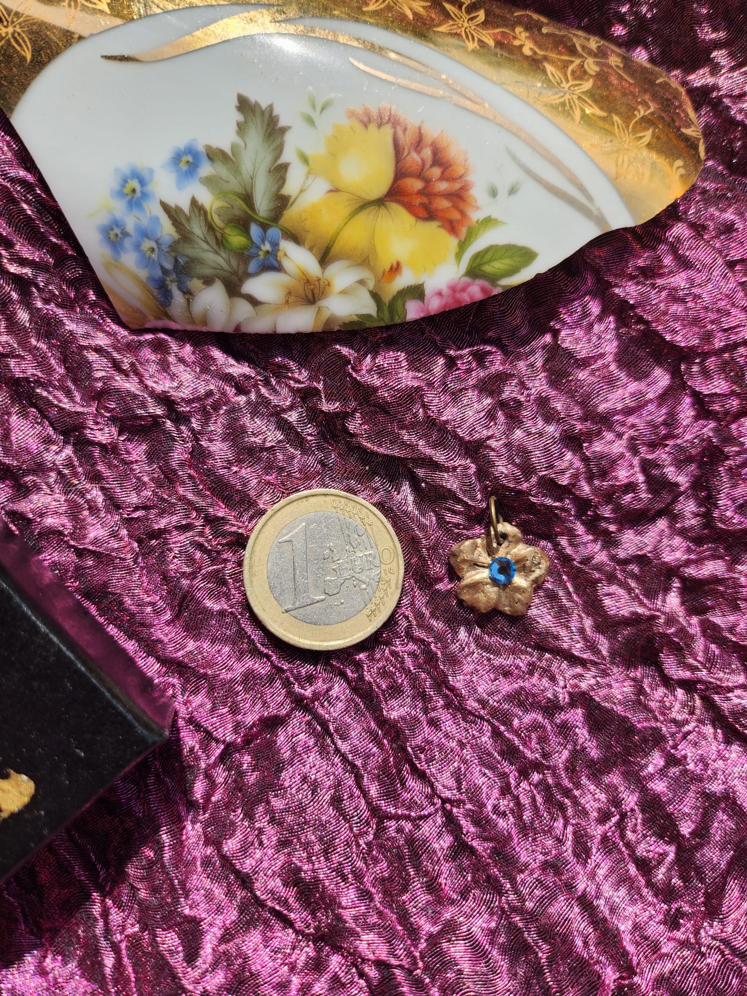 Flower Pendant Necklace – Bronze Cherry Blossom with Light Blue Crystal – Romantic Nature Jewelry – Handmade Gift for Her