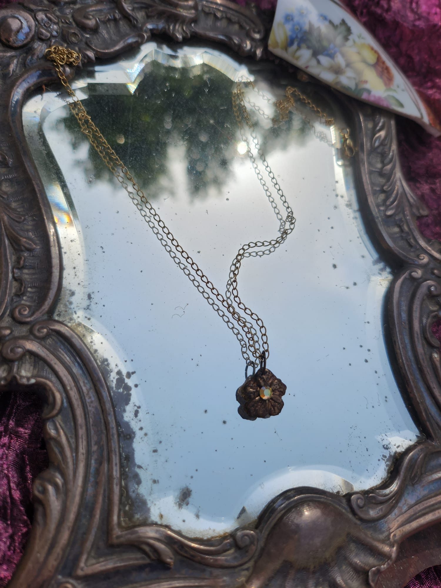 Flower Pendant Necklace – Bronze Cherry Blossom with Yellow Opal Crystal – Romantic Nature Jewelry – Handmade Gift for Her
