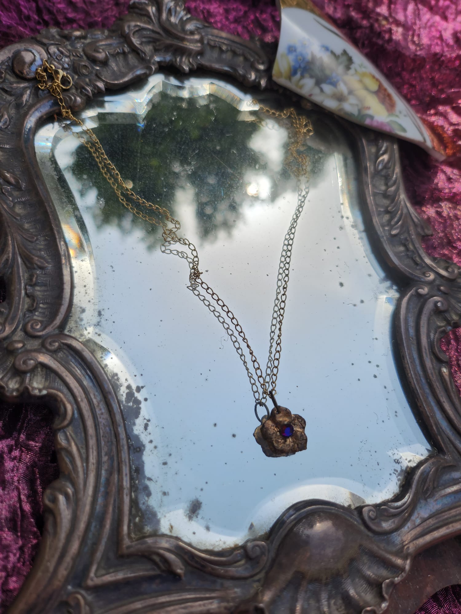 Flower Pendant Necklace – Bronze Cherry Blossom with Volcano Crystal – Romantic Nature Jewelry – Handmade Gift for Her