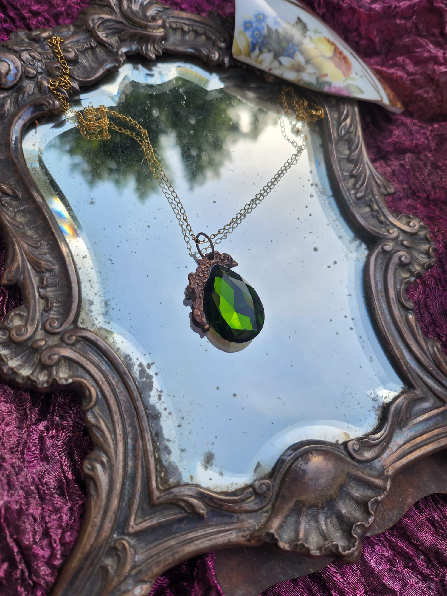 Mystic Baroque Collection – Handmade Bronze Pendant with Green Teardrop Crystal