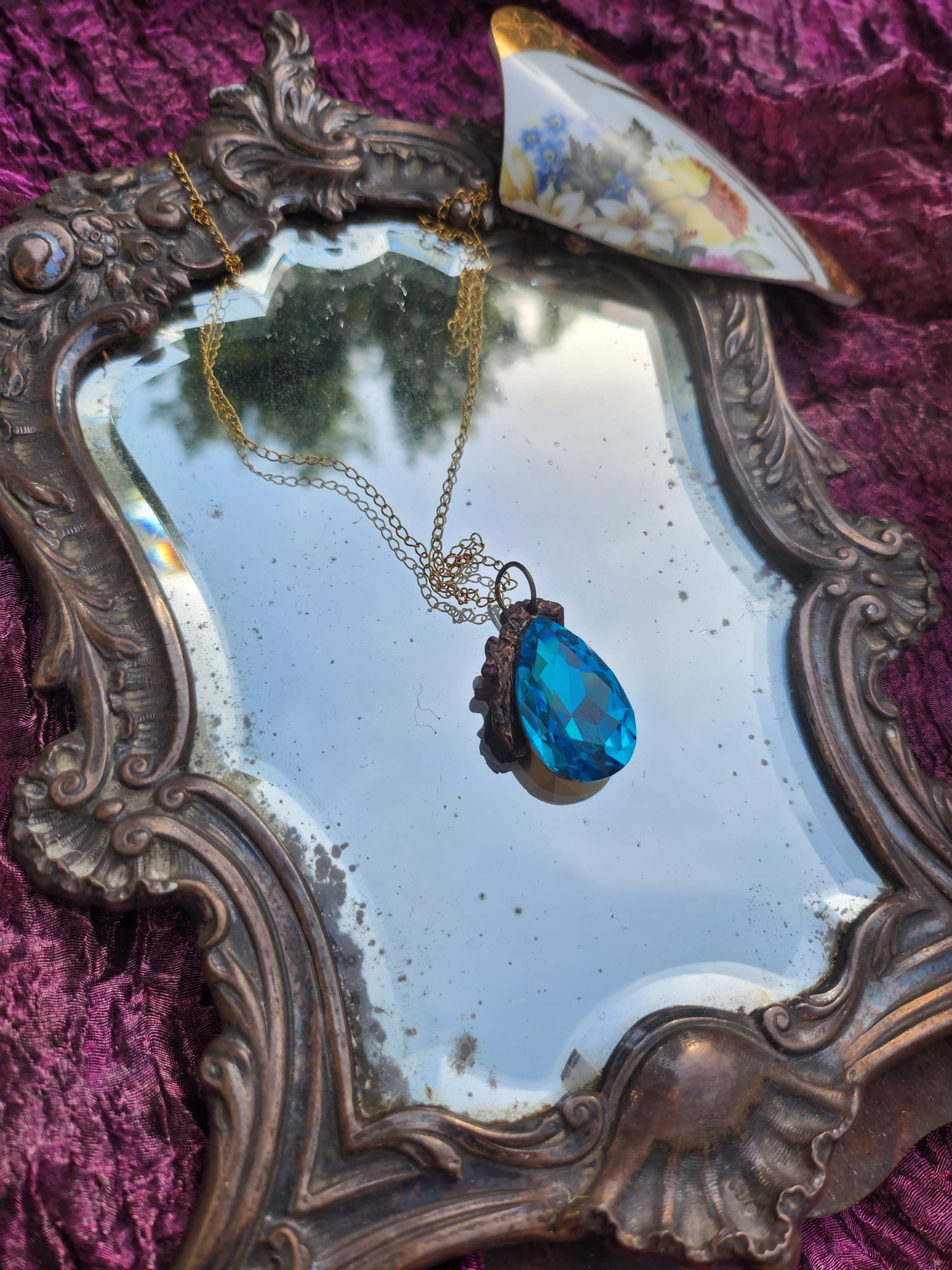 Teardrop Crystal Pendant – Royal Blue Bronze Necklace – Handmade Witchy Jewelry – Fairycore Gift for Her