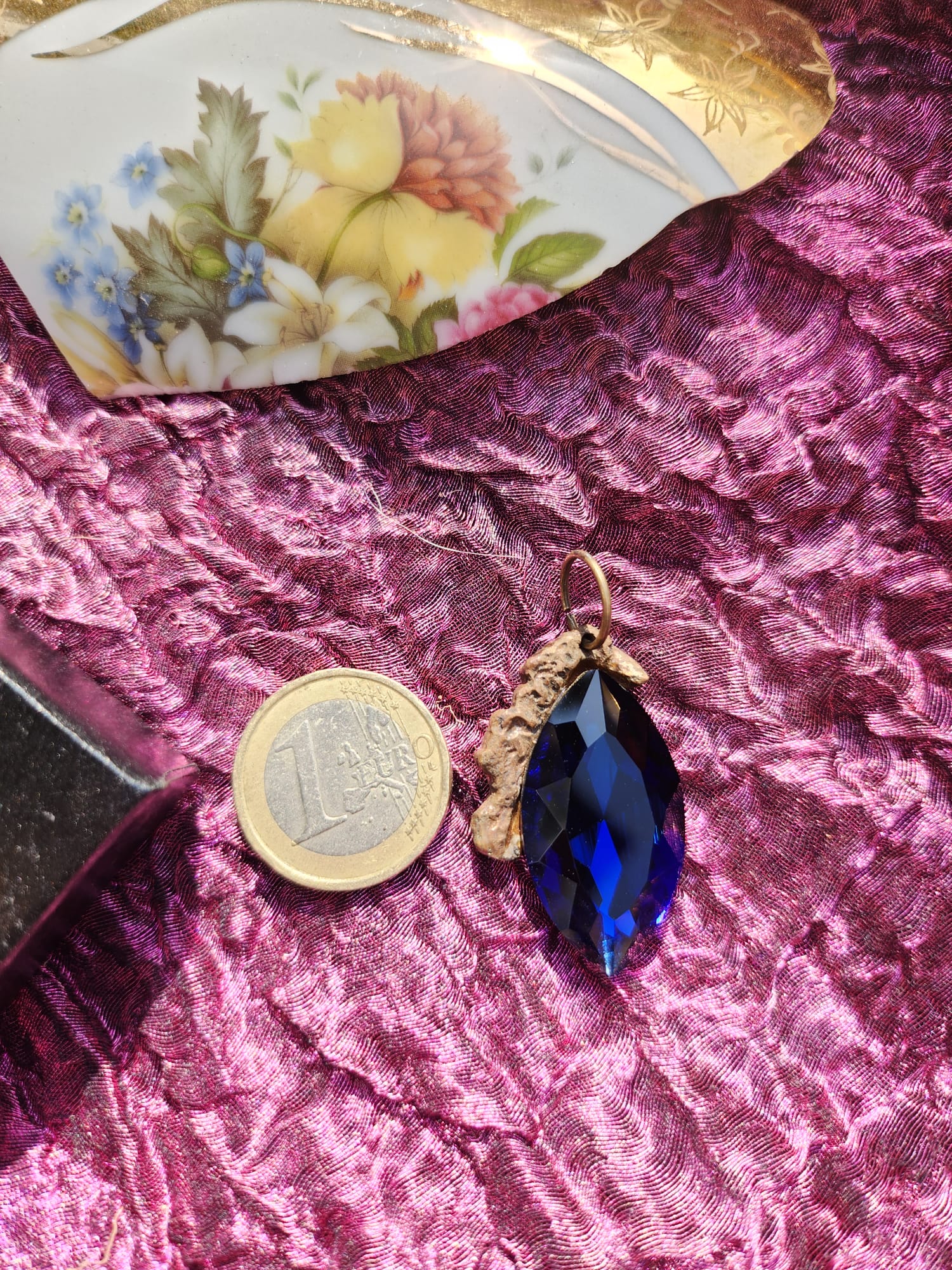 Mystic Baroque Collection – Handmade Bronze Pendant with Deep Blue Crystal Marquise-Cut