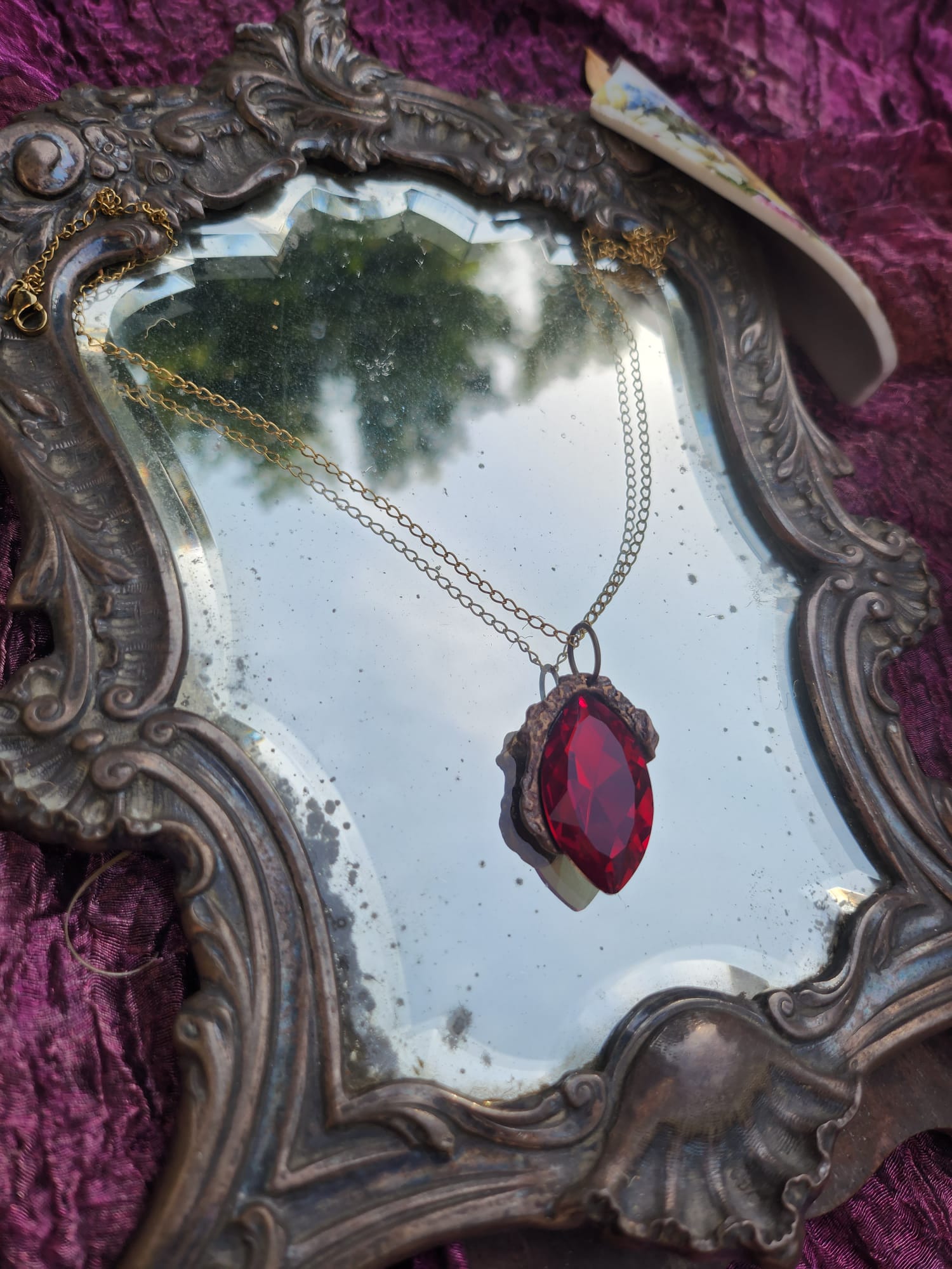 Mystic Marquise Pendant – Red Crystal Bronze Necklace – Passion Witch Jewelry Gift