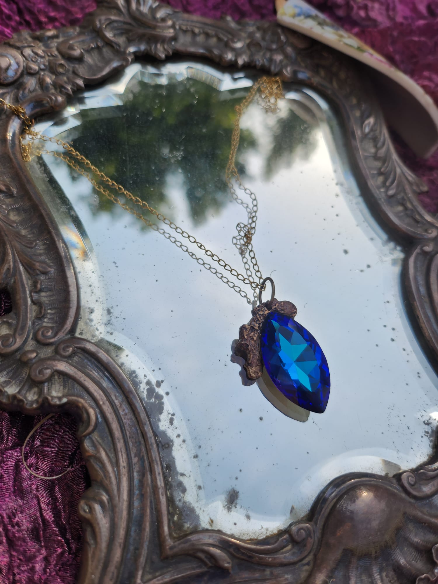 Mystic Baroque Collection – Handmade Bronze Pendant with Midnight Blue Crystal Marquise-Cut