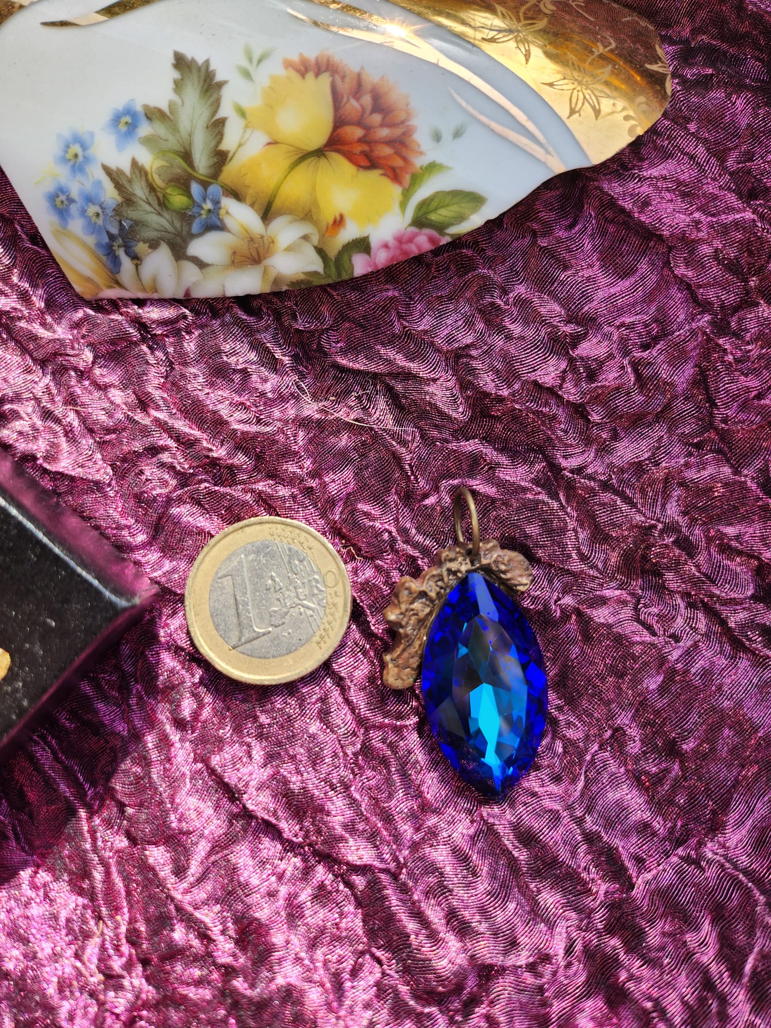 Mystic Baroque Collection – Handmade Bronze Pendant with Midnight Blue Crystal Marquise-Cut